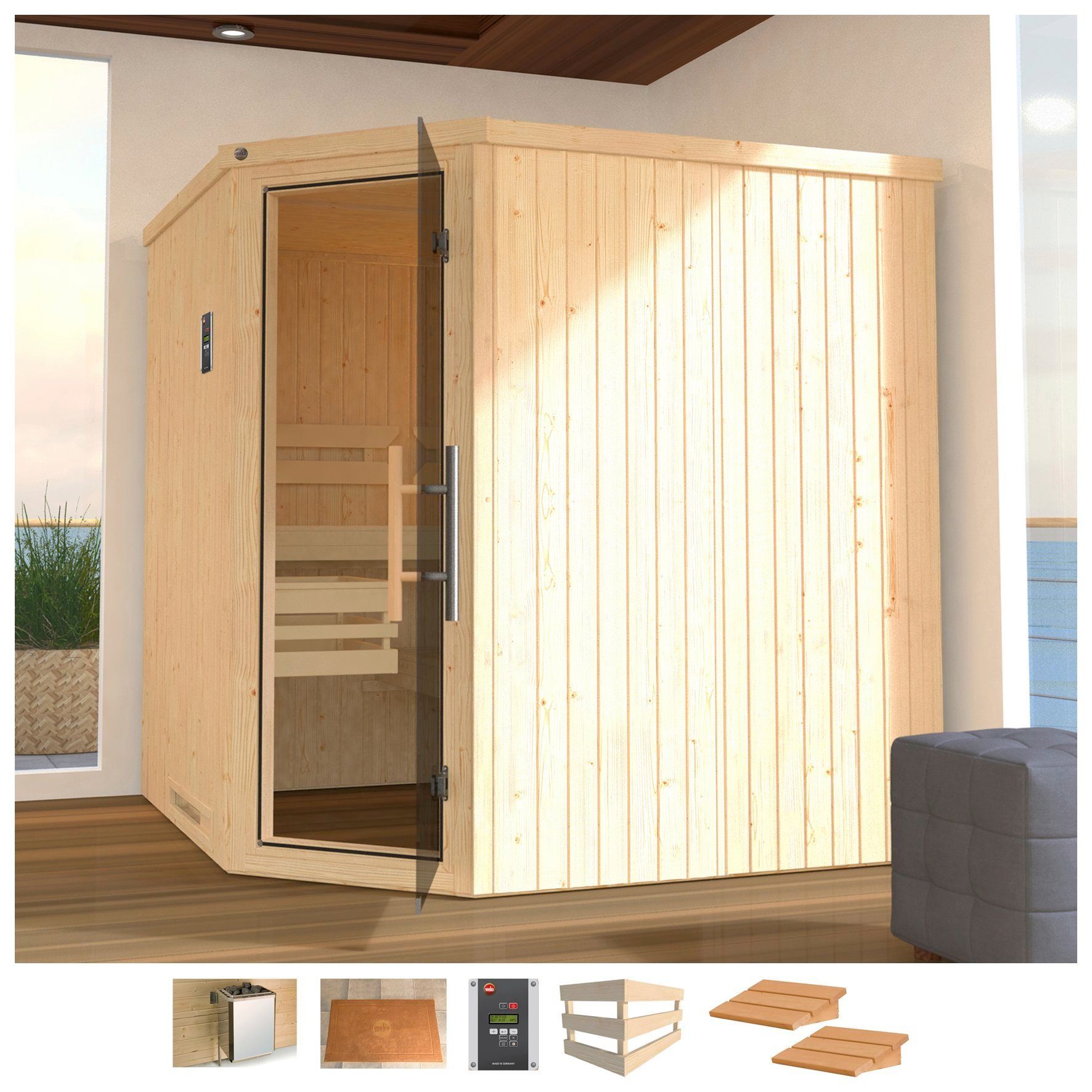 weka Sauna Varberg 3, BxTxH: 194 x 194 x 199 cm, 57 mm, 7,5 kW Ofen mit ext. Steuerung