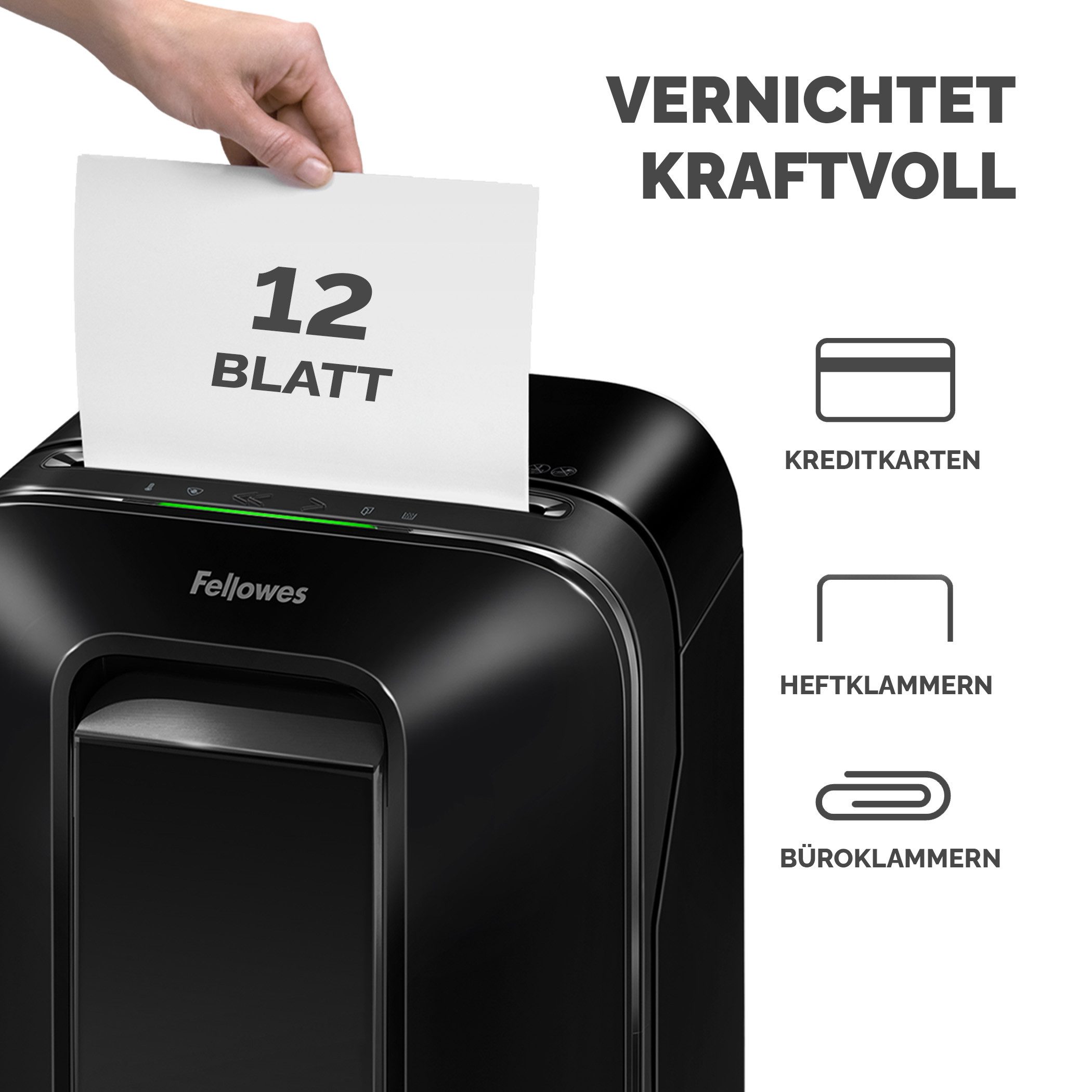 FELLOWES Aktenvernichter Fellowes Aktenvernichter LX211 Mikroschnitt 2x12mm P5 Weiß Rollen, SafeSense, IntelliBar, Schlaf Modus, Mikroschnitt P-5, 23L, Rollen