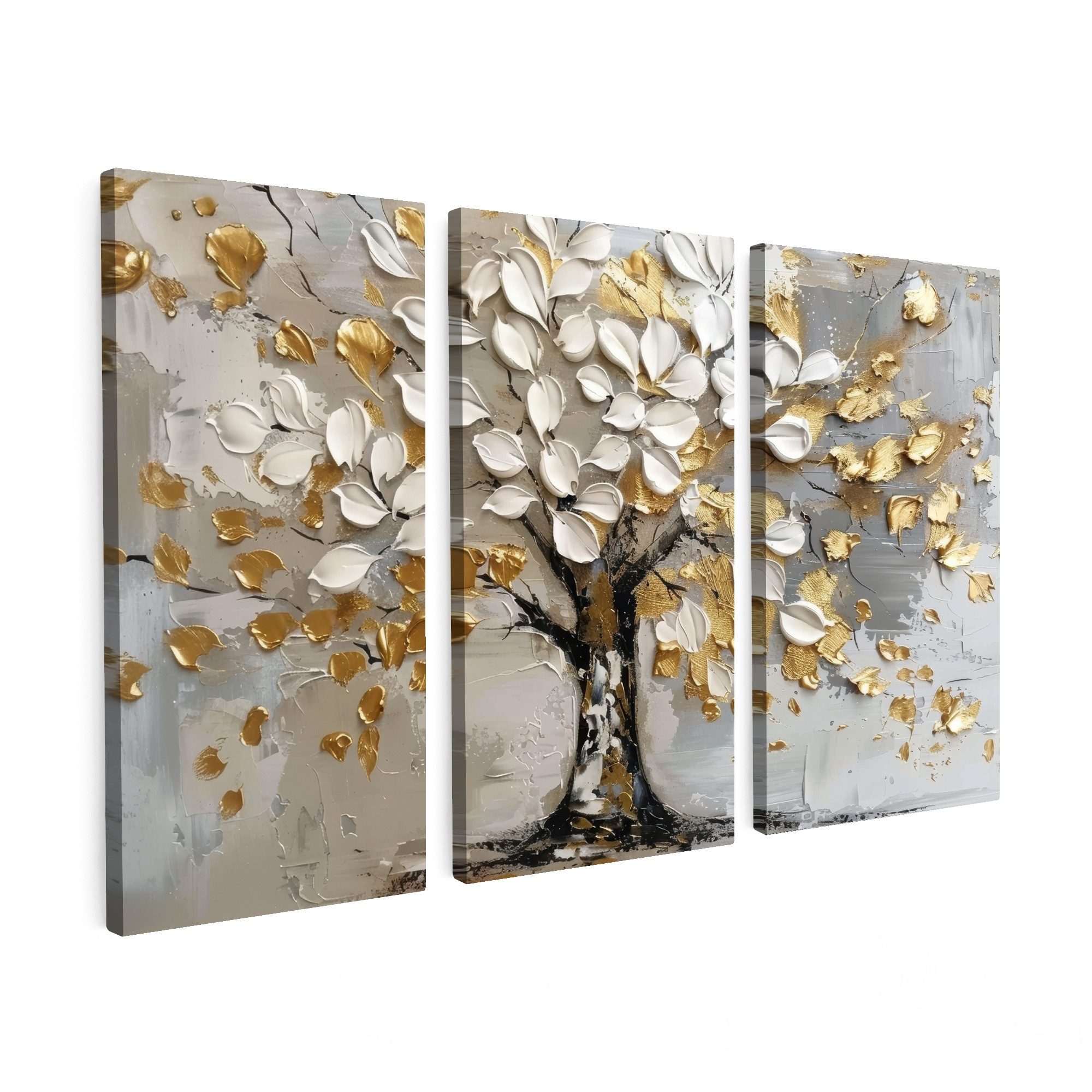 MuchoWow Leinwandbild Baum - Weiß - Gold - Lackoptik, Fotodruck (3 St), Wan günstig online kaufen