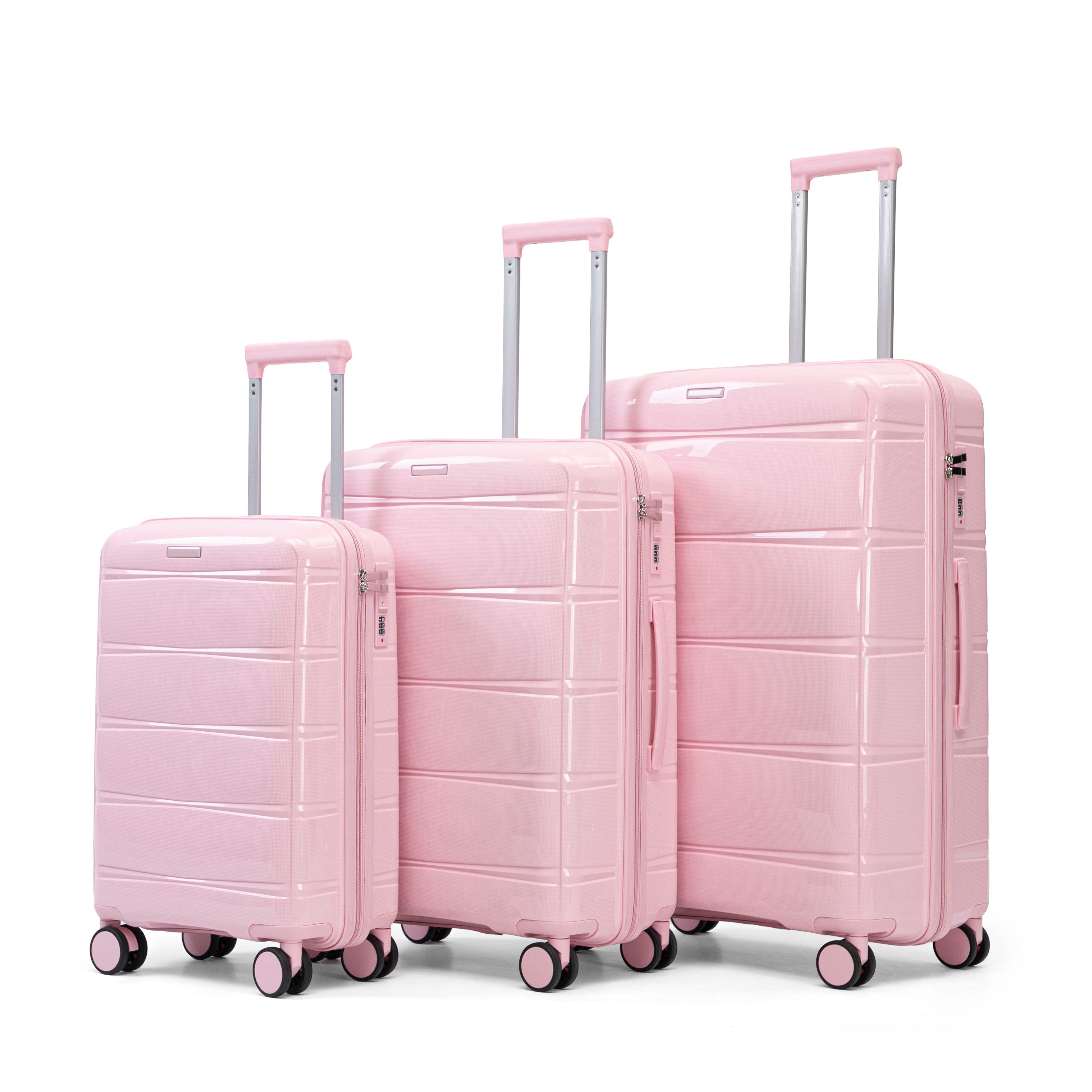 i@home Kofferset 3-teiliges PP-Koffer-Set 20"/24"/28 Zoll, Großraum Reisekoffer Set, 4 Rollen, (3 tlg., 1 Handgepäck, 2 Aufgabegepäck), Spinner-Rollen & Zahlenschloss, Großraum-Reisekoffer-Set, Rosa