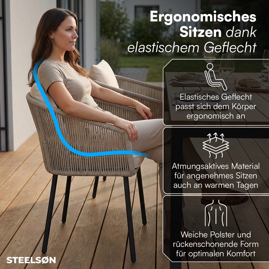 STEELSØN Gartenstuhl Nair mit Sitzauflagen & Kissen (2er Set, beige), Gartensessel aus Polyrattan, elastisches Seilgeflecht, wetterbeständig