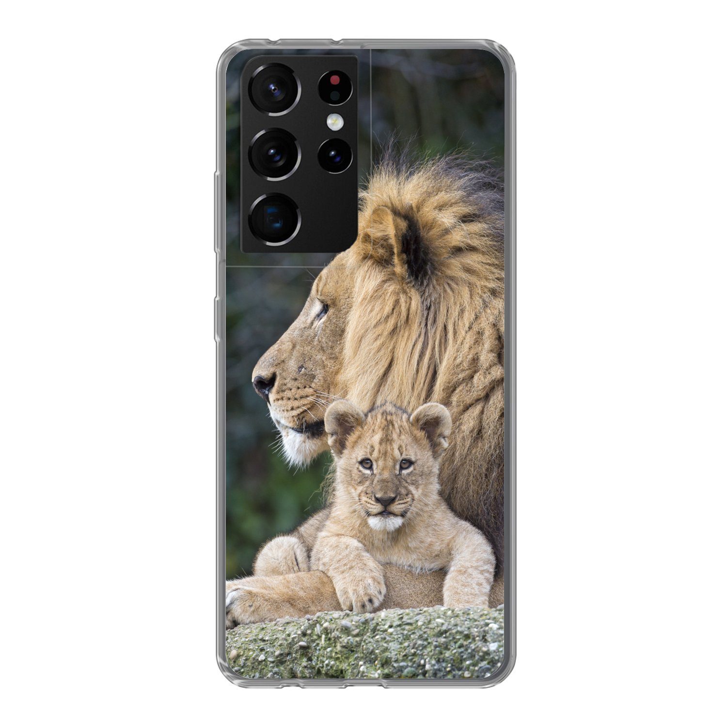 MuchoWow Handyhülle für Samsung Galaxy S21 Ultra Erwachsener Löwe mit Jungtier, Phone Case, Silikon, Schutzhülle Dünn