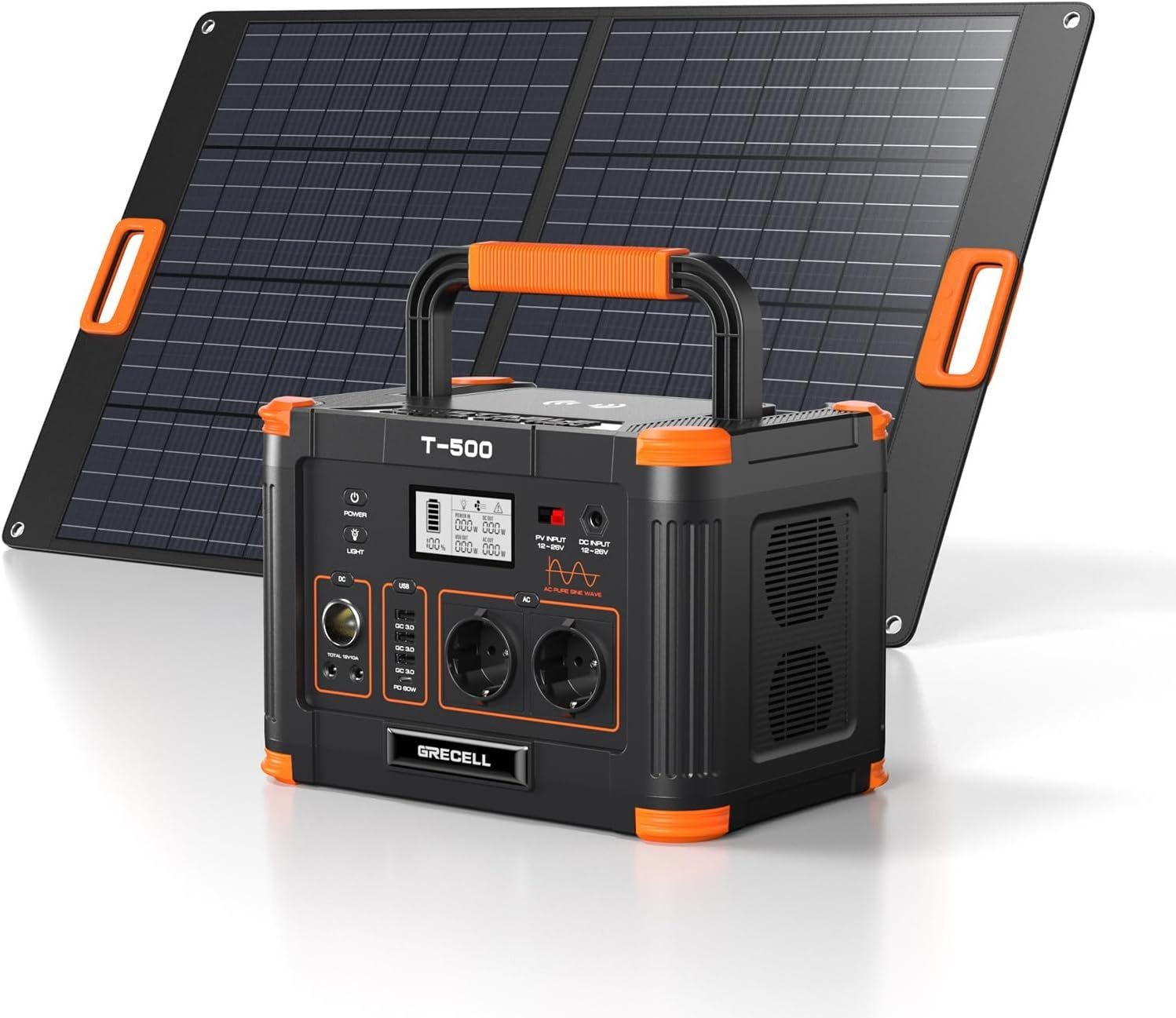 GRECELL Stromerzeuger 519Wh Tragbare Powerstation mit 100W Solarpanel, 0,50 in kW, (1-tlg), 500W Solar Generator für Outdoor Camping