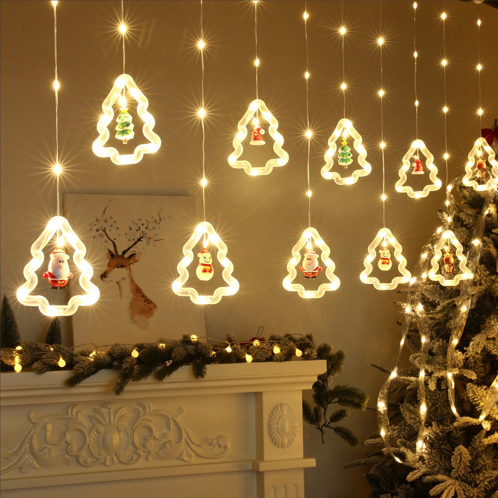 Rosnek LED-Lichtervorhang 3M, 8 Modi, USB Fenster mit Weihnachten hängenden und Batterie, Schlafzimmer / Fernbedienung; für Deko, Vorhang Ornamenten Deko Haken
