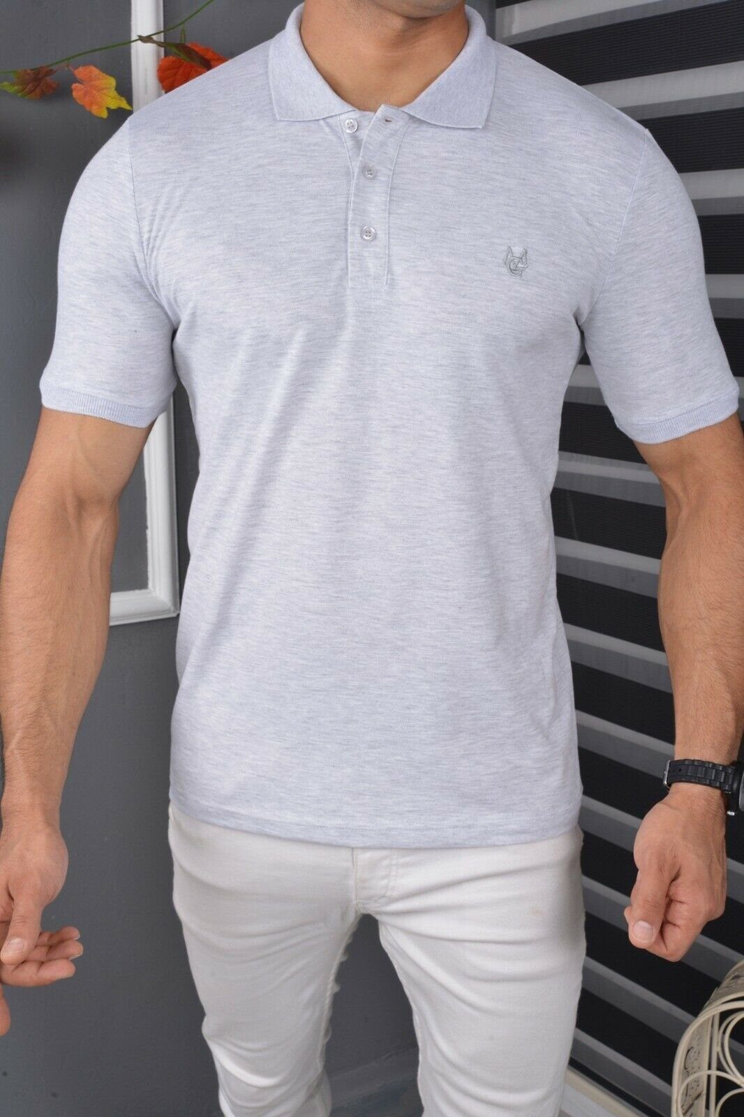 Poloshirt Poloshirt Kurzarm Jeans Slim Megaman T-Shirt Fit Herren Kragen Freizeit Grau Polohemd Premium mit Basic Baumwolle