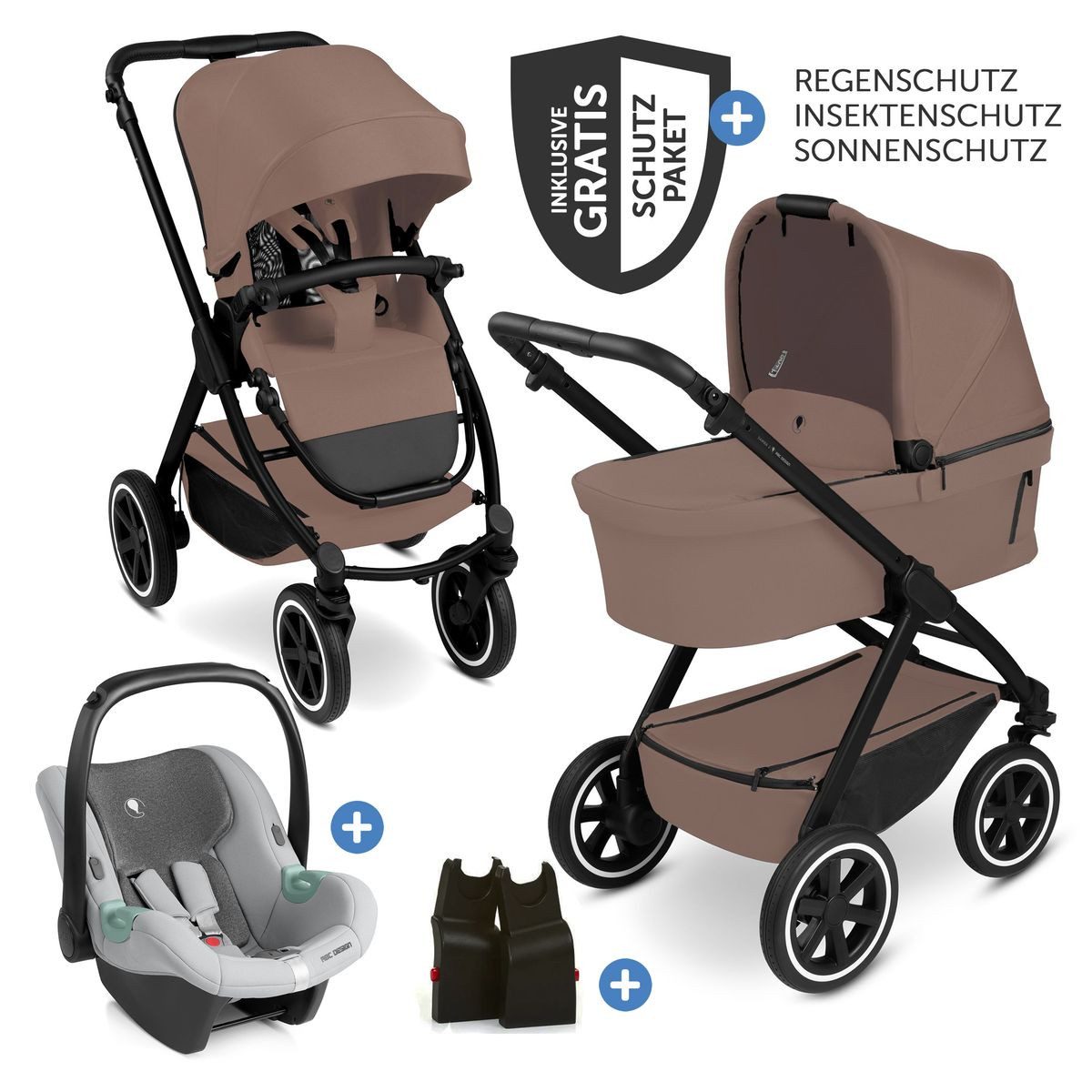 ABC Design Kombi-Kinderwagen Samba 2 - Dark Beige, 3in1 Kinderwagen Set mit Babywanne, Babyschale, Sportsitz & Zubehör