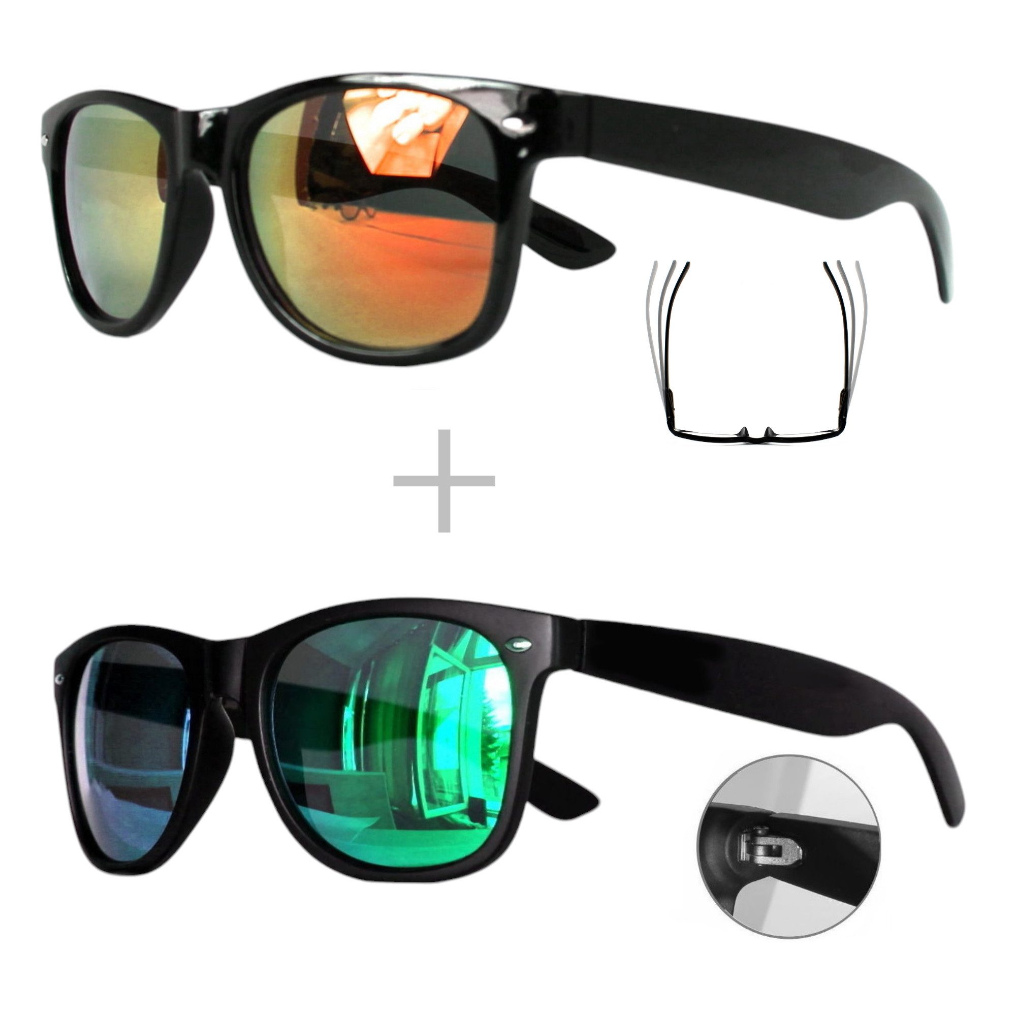 Rennec Sonnenbrille (Spar-Set Retro Sonnenbrillen 1x Schwarz Glanz und 1x Schwarz Matt) Ovale Sonnenbrillen 1x Grün-Blau und 1x Orange Verspiegelte Linsen