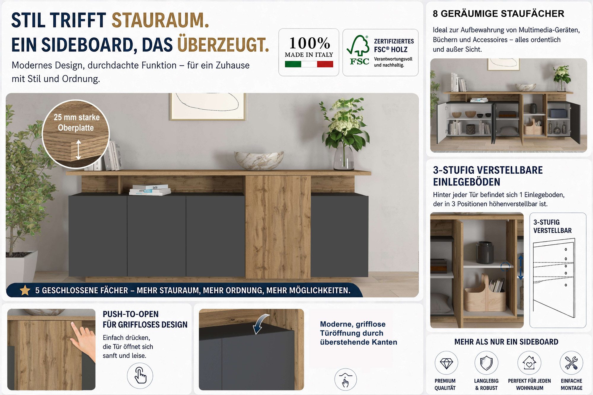 OTTO home Sideboard Sideboard ETHOS, Kommode, Schrank, Kredenz (1 St), Mit 5 Drehtüren, 8 Innenfächern und 2 Außenfächern, B.210 cm