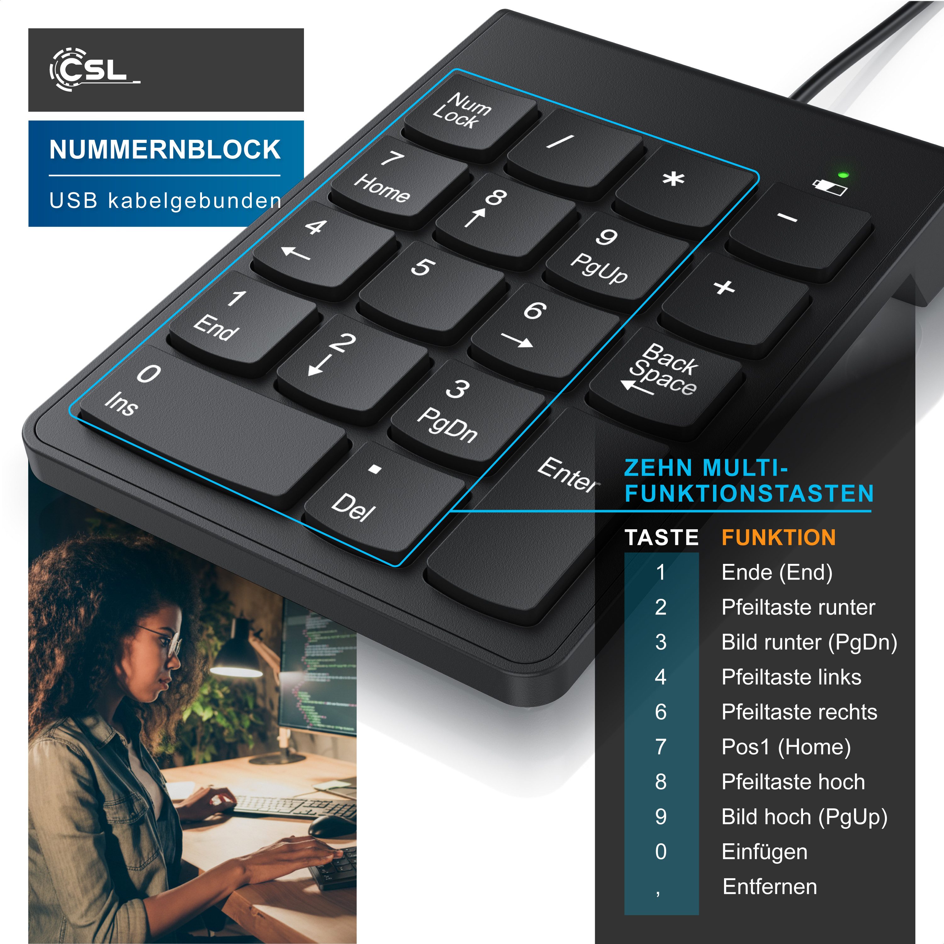 CSL Numpad, Keypad inkl. Mulitmediatasten, USB, Nummerntastenfeld Wireless-Tastatur (Nummernblock Zusatztastatur, 10 Multimedia Keys, 18 Tasten, Laptop, PC)