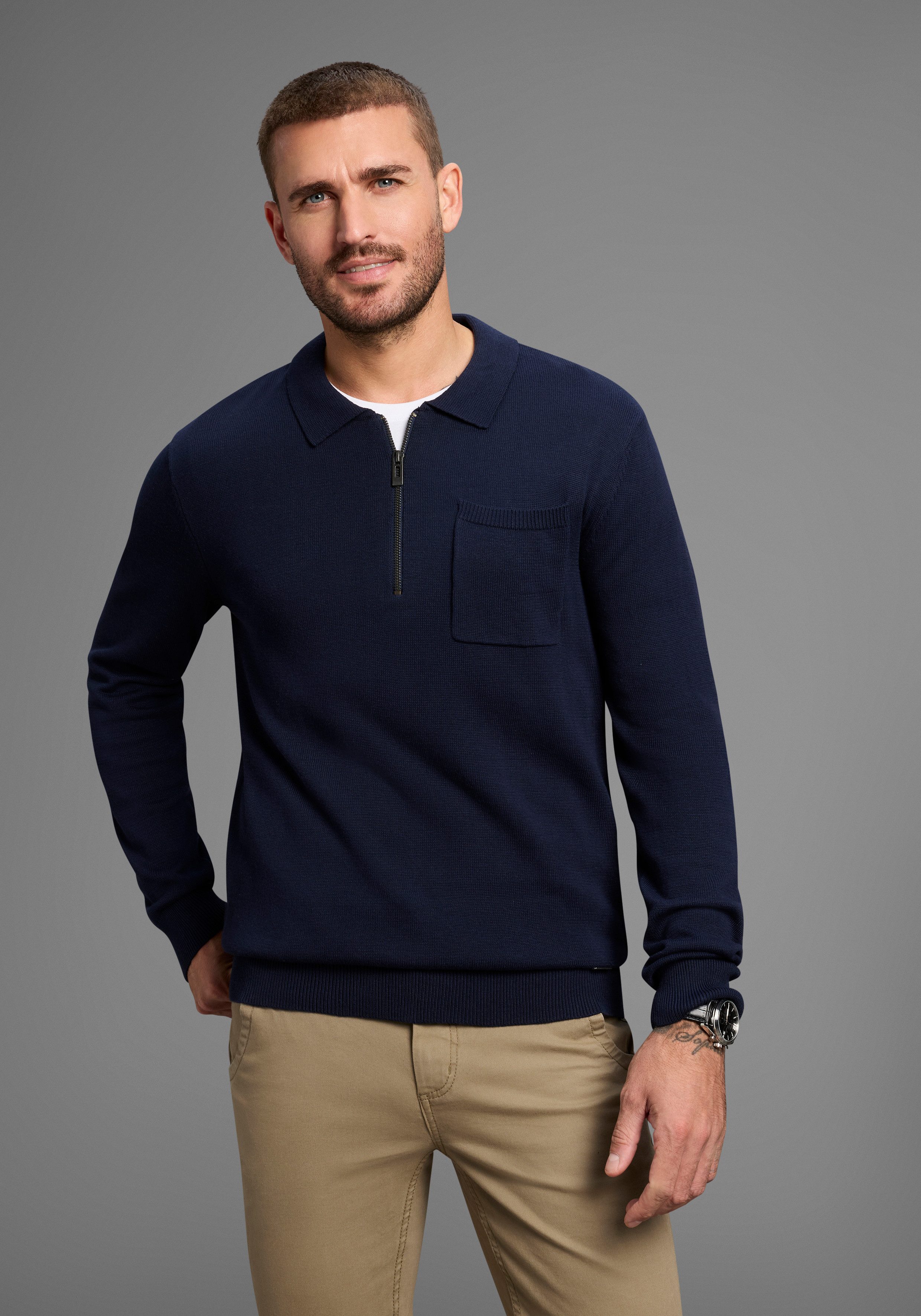 Bruno Banani Strickpullover mit Reißverschluss und Brusttasche günstig online kaufen