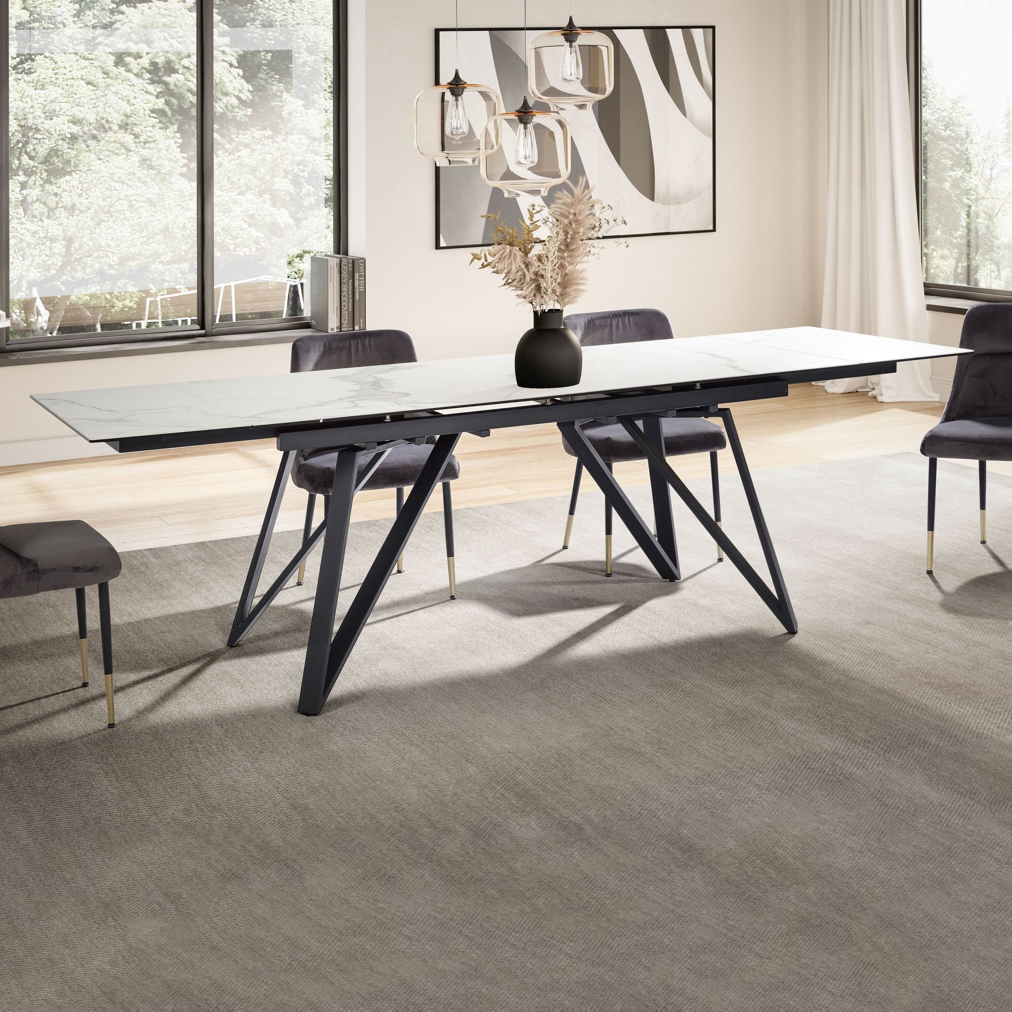 FINEBUY Esstisch FB64113 Ausziehbarer 180–260 cm Keramik Glas Metallgestell modern (Ausziehbar Modern, 180 - 260 cm Glas Keramik Weiß), Keramiktisch Esszimmer, Esszimmertisch Metallbeine