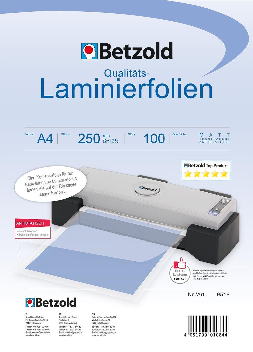 Betzold Sichtschutzfolie Laminier-Folien A4 100 Stück - Laminier-Taschen Folier-Folien