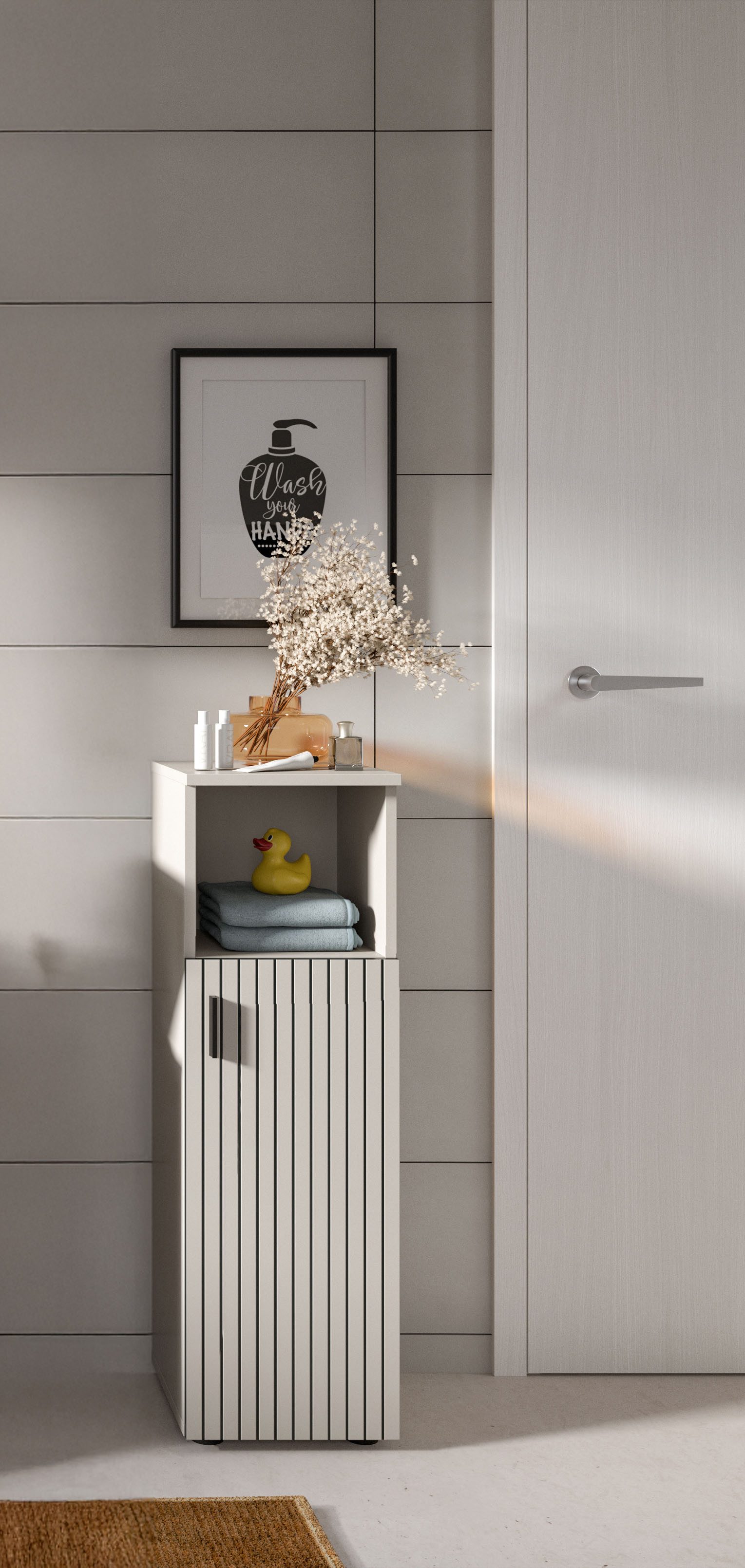 welltime Stauraumschrank MANI, Höhe: 95 cm, Paneeloptik, 1 offenes Fach, 1 Tür (1-St) Badezimmerschrank, Badschrank, Bad, Badezimmer