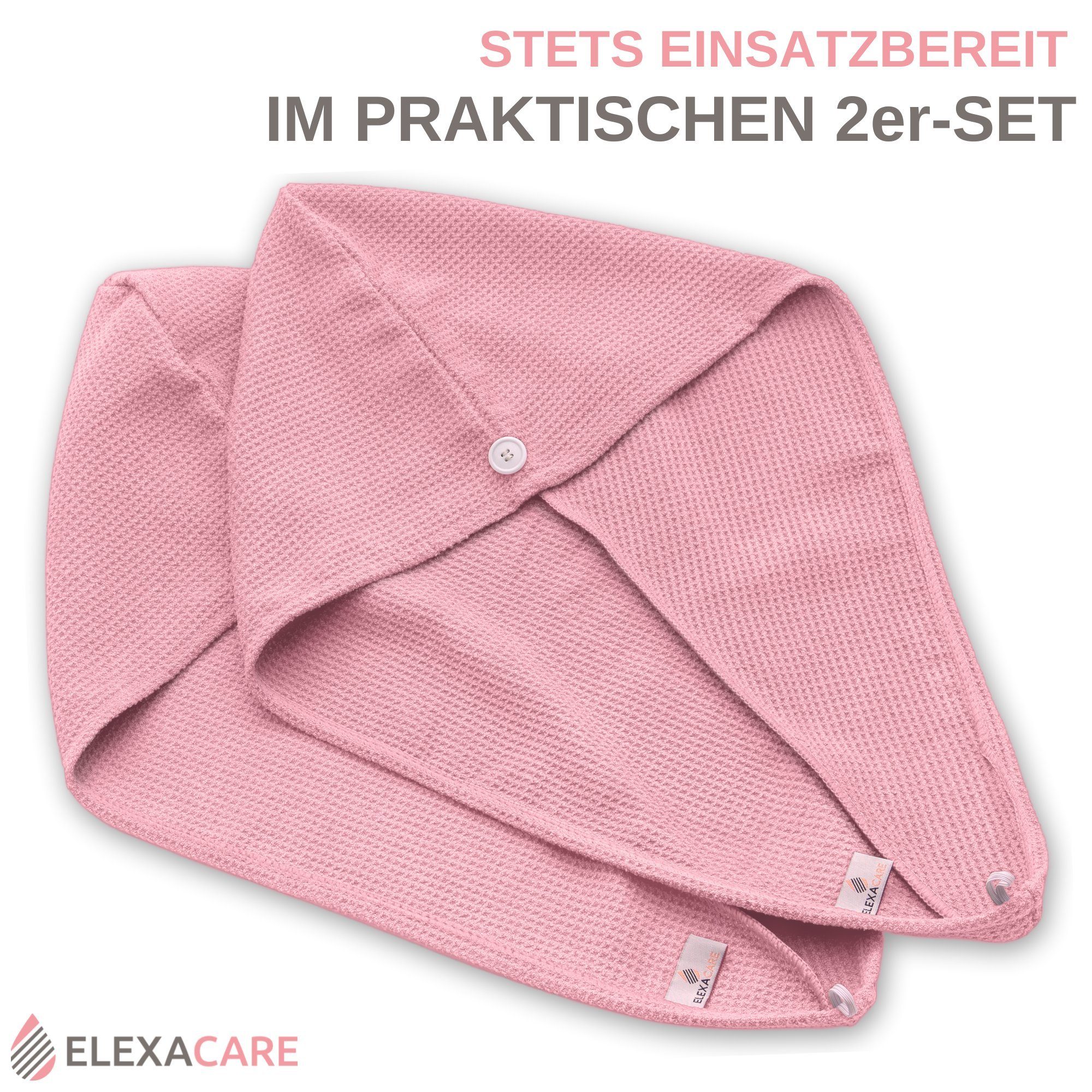 ELEXACARE Turban-Handtuch Haarturban mit Knopf, Mikrofaser (2-St), Turbanhandtuch mit Knopf und Schlaufe