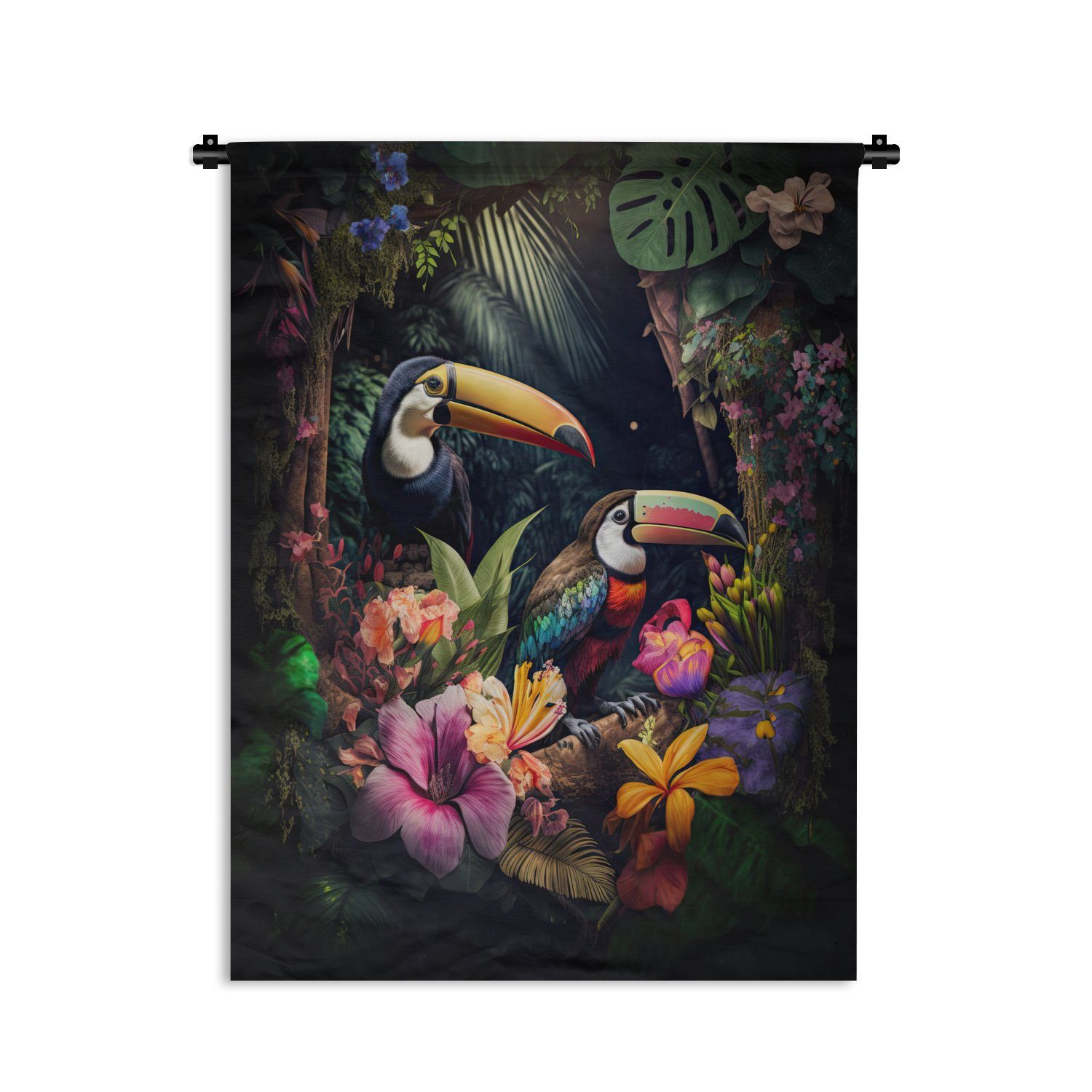 MuchoWow Wanddekoobjekt Tukan - Blumen - Pflanzen - Dschungel, Deko für an der Wand, Wohnzimmer, Tapisserie, Schlafzimmer