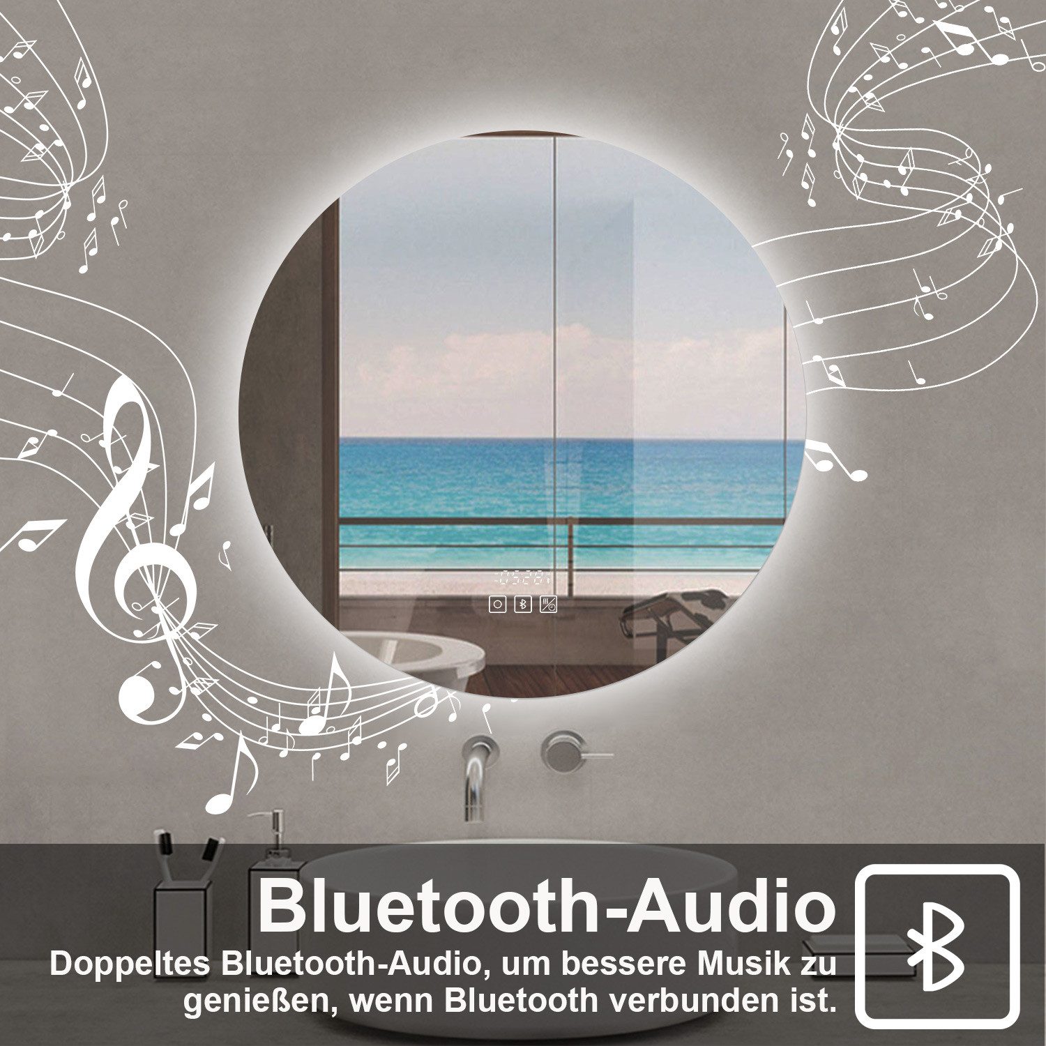 duschspa Badspiegel mit LED Beleuchtung Kalt/Neutral/Warmweiß dimmbar Beschlagfrei, Bluetooth 5.0, Uhr