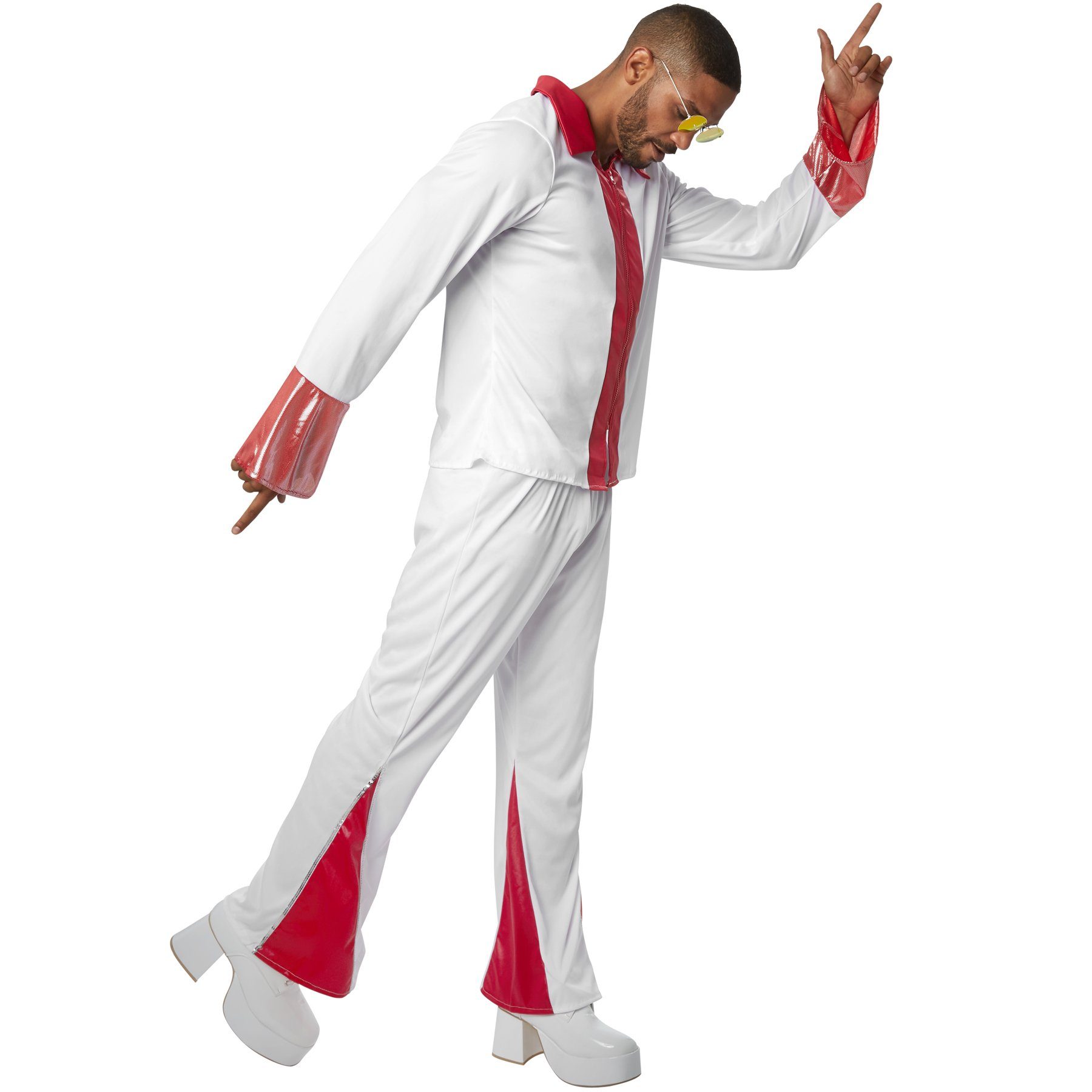 dressforfun Hippie-Kostüm Tänzer/Sänger, Gr. XXL, Langarmhemd mit Reißverschluss und Kragen, in der Farbe rot/weiß, Lange Hose mit weitem Schlag und Pailletten