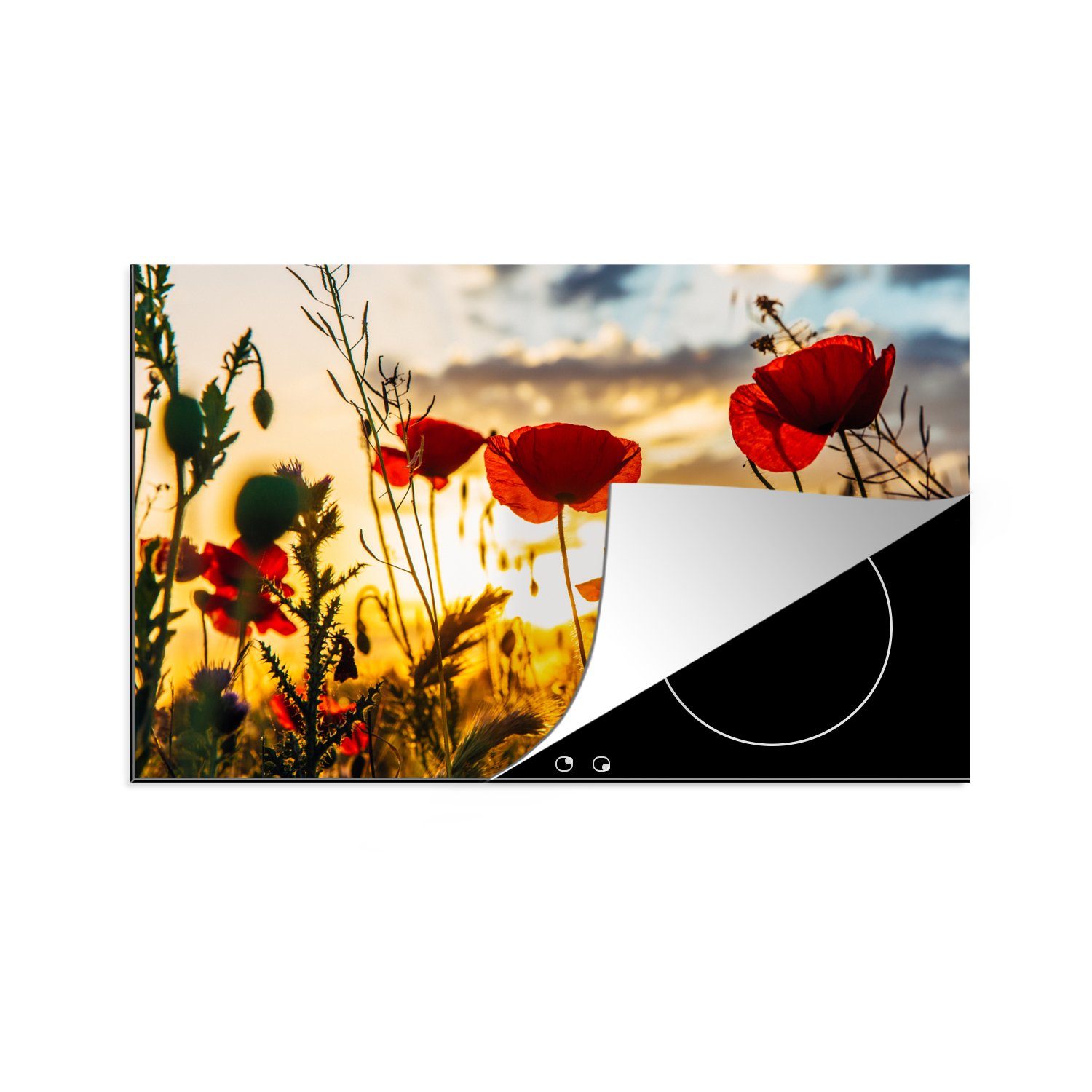 MuchoWow Herdblende-/Abdeckplatte Rote Mohnblumen bei Sonnenaufgang, Vinyl, (1 tlg), 81x52 cm, Induktionskochfeld Schutz für die küche, Ceranfeldabdeckung
