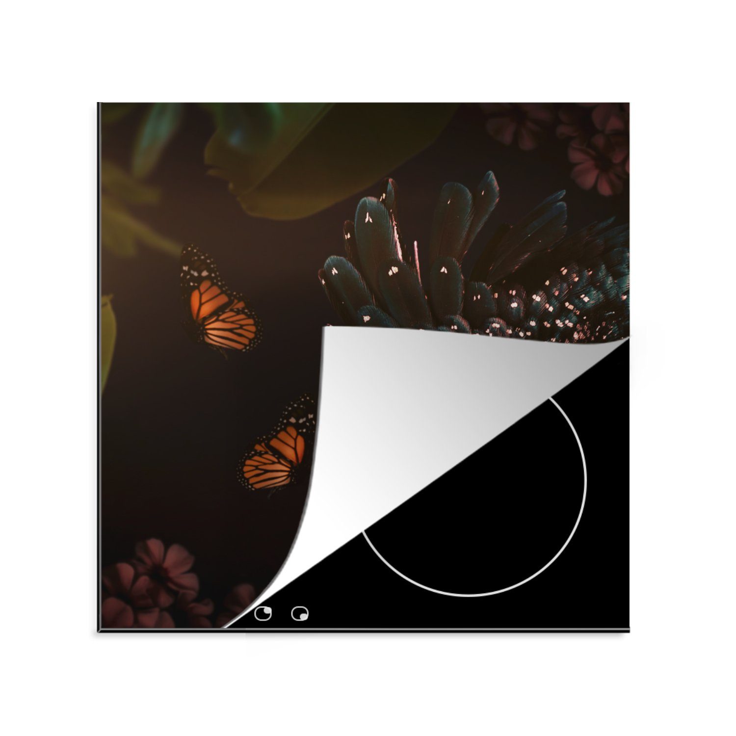 MuchoWow Herdblende-/Abdeckplatte Schmetterlinge - Pflanzen - Dschungel, Vinyl, (1 tlg), 78x78 cm, Ceranfeldabdeckung, Arbeitsplatte für küche