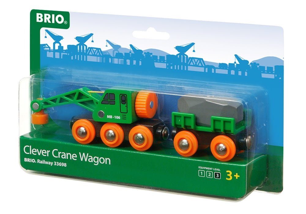 BRIO® Spielzeugeisenbahn-Lokomotive World Waggon Grüner Kranwagen mit Anhänger und Fracht 4 Teile 33698