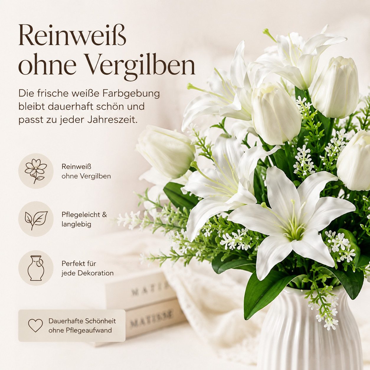 Kunstblumenstrauß Kunstblumen Strauß Weiß 2er Pack, Künstliche Lilien & Tulpen 45 cm Dekoblumen Blumenstrauß mit grünen Blättern, Fyrove, pflegeleichte Tischdek – Bild 5 von 5