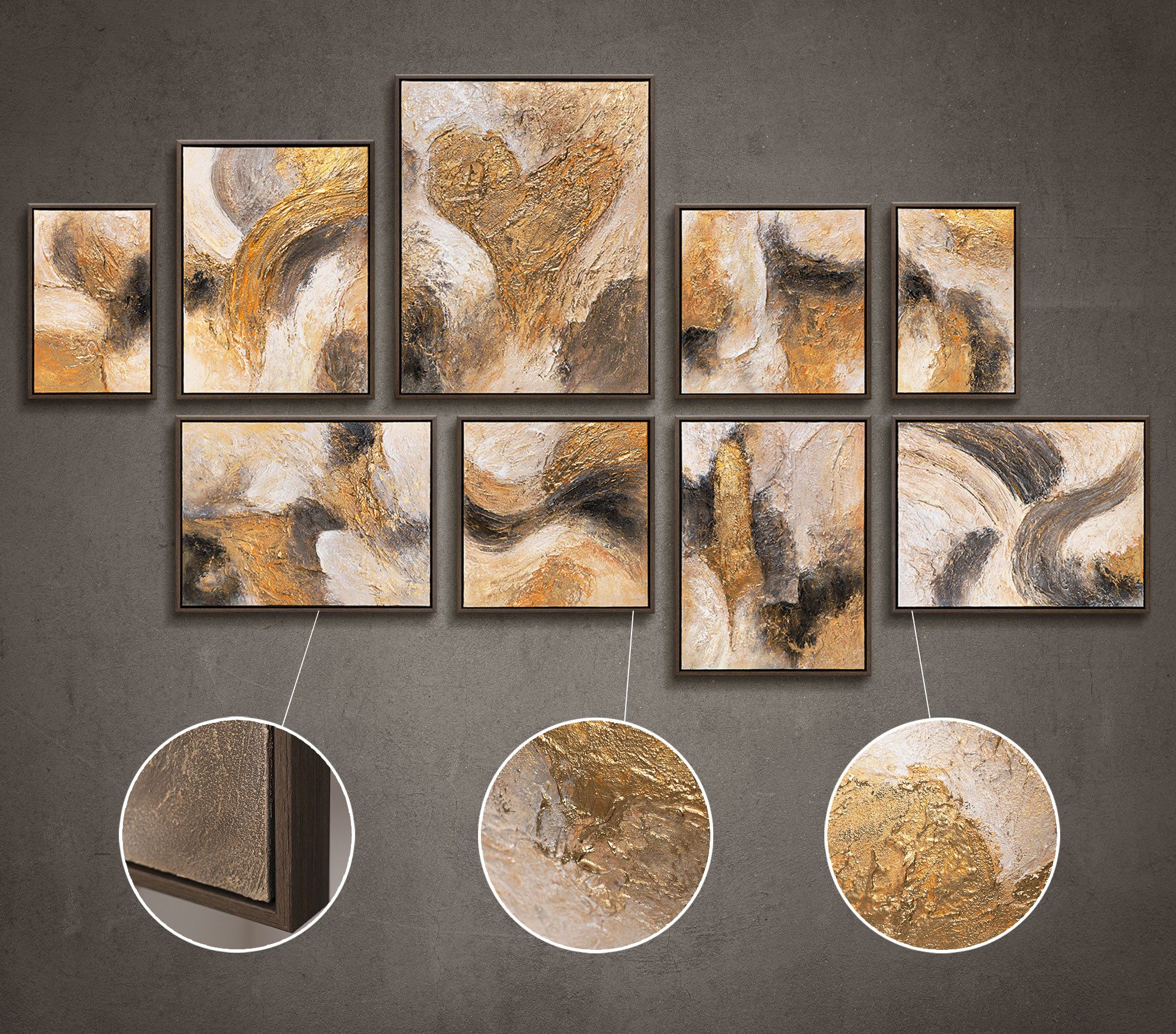 YS-Art Gemälde Blitz der Inspiration, (Set, 9 St), Wandbilder Set Abstrakt Modern Gold Schwarz – Bilder Set mit Rahmen