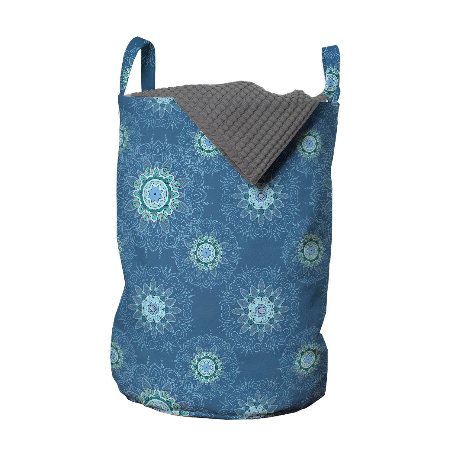 Abakuhaus Wäschesäckchen Wäschekorb mit Griffen Kordelzugverschluss für Waschsalons, Blauer Mandala Filigrane Blumenmotiv