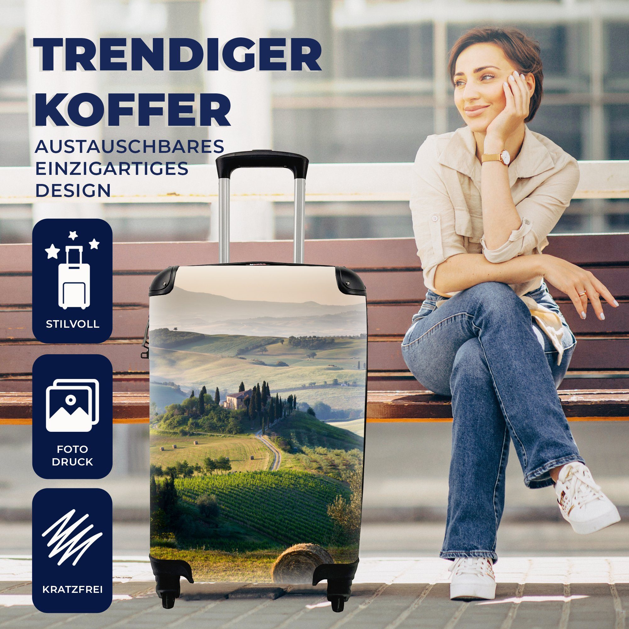 Reisekoffer Trolley, Reisetasche Handgepäckkoffer - Ferien, mit - Grün, Landschaft rollen, Handgepäck für Rollen, Toskana 4 MuchoWow