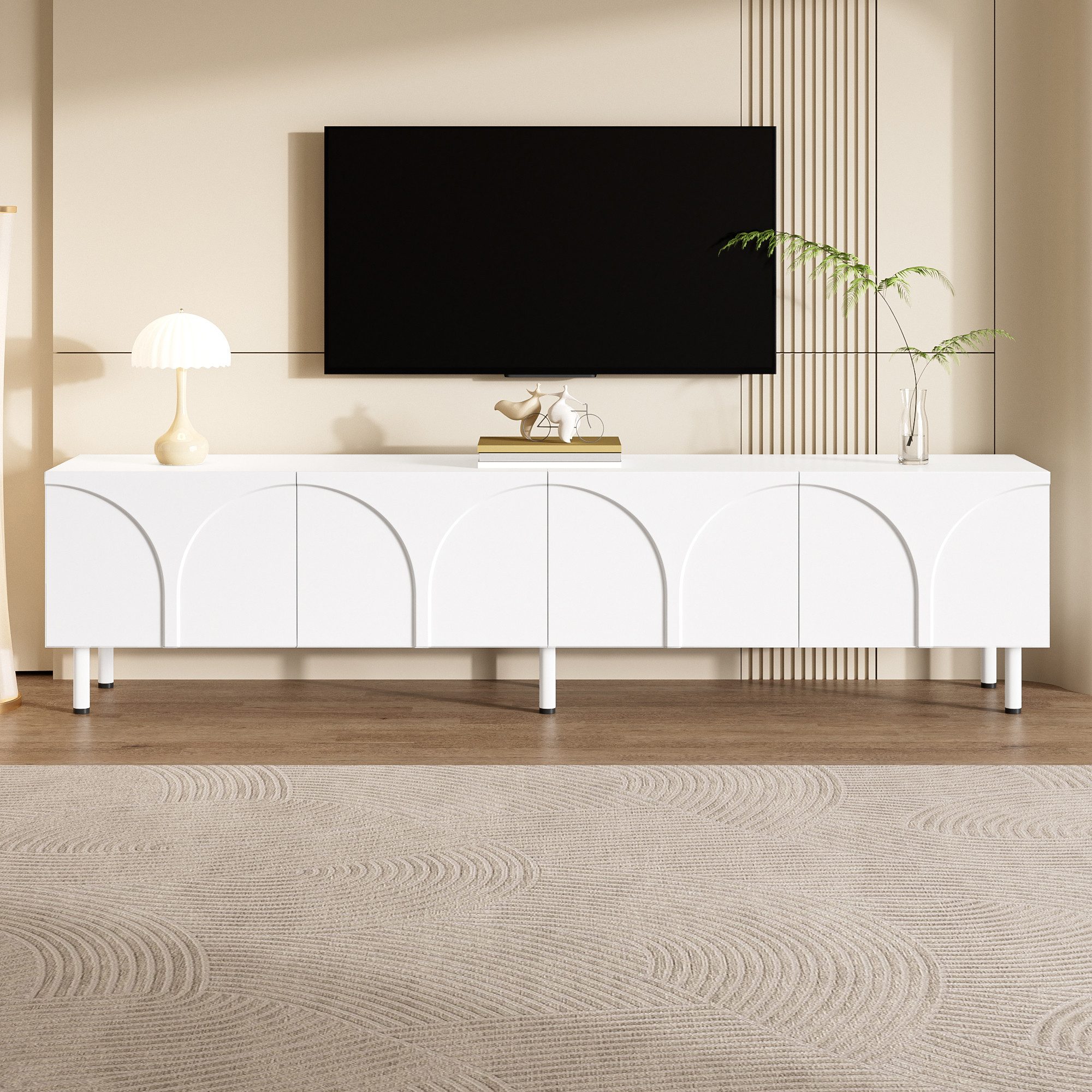 TV-Schrank Lowboard mit 4 Türen, 3D-Bogenfront, Metallfüßen und Stauraum