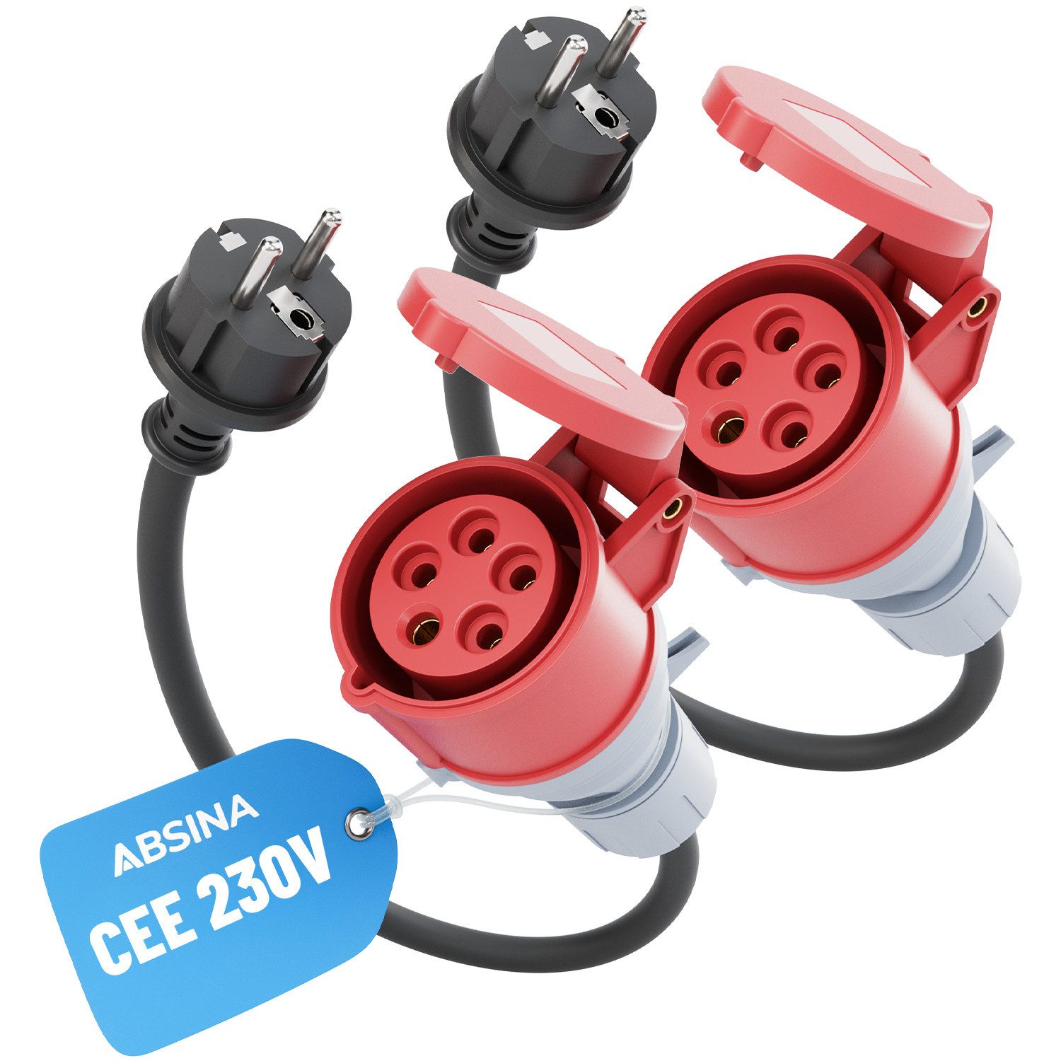 ABSINA 2x Adapter Schuko Stecker auf CEE Kupplung 60cm Kabel - E Auto Zubehör CEE-Adapterkabel