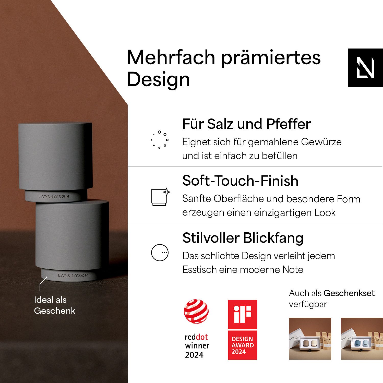 LARS NYSØM Gewürzstreuer Svæve, (2-tlg), Hochwertige Salz- & Pfefferstreuer aus Edelstahl