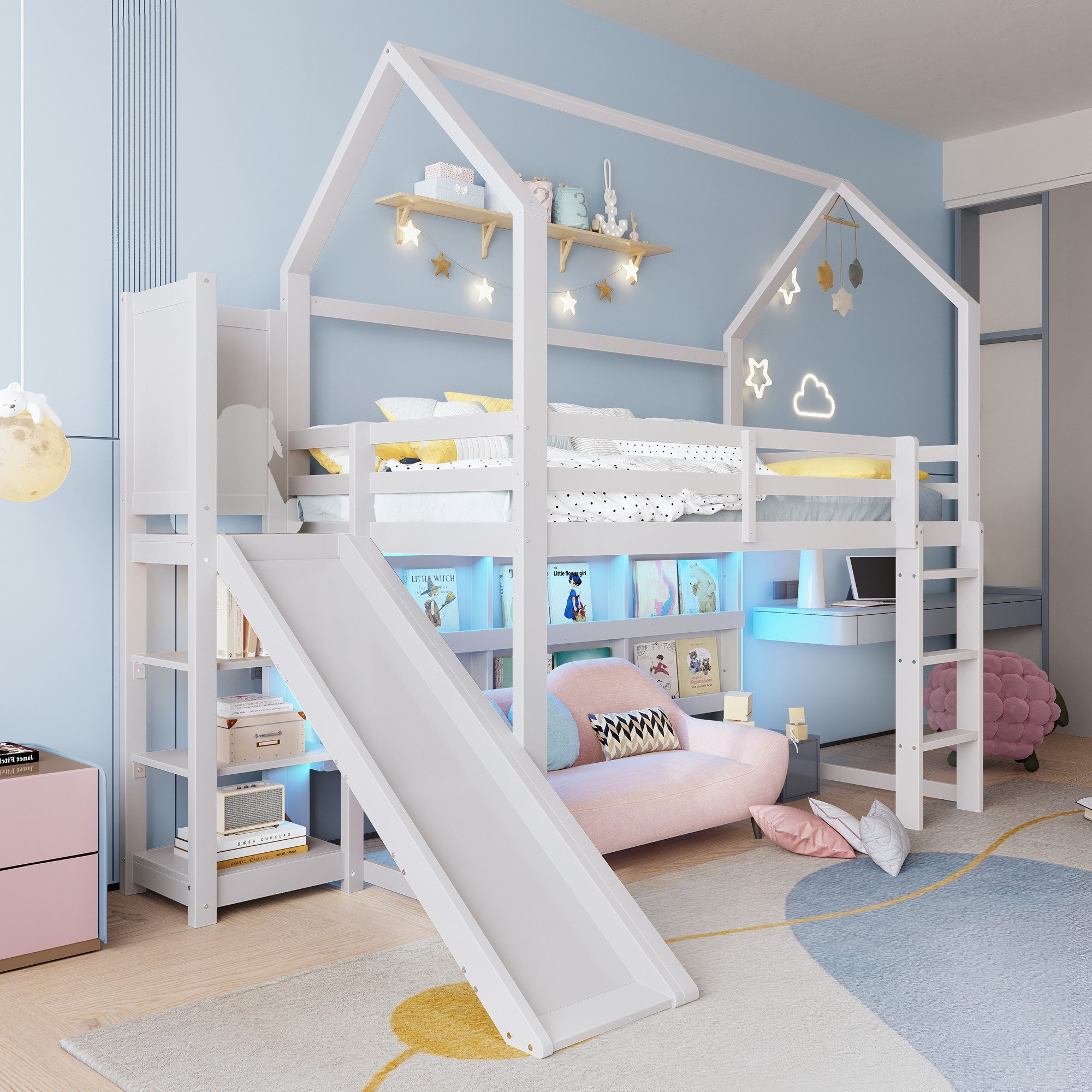 TavilaEcon Hochbett im Hausform, mit LED Leiste, Regale und Zaun (1-St) mit günstig online kaufen