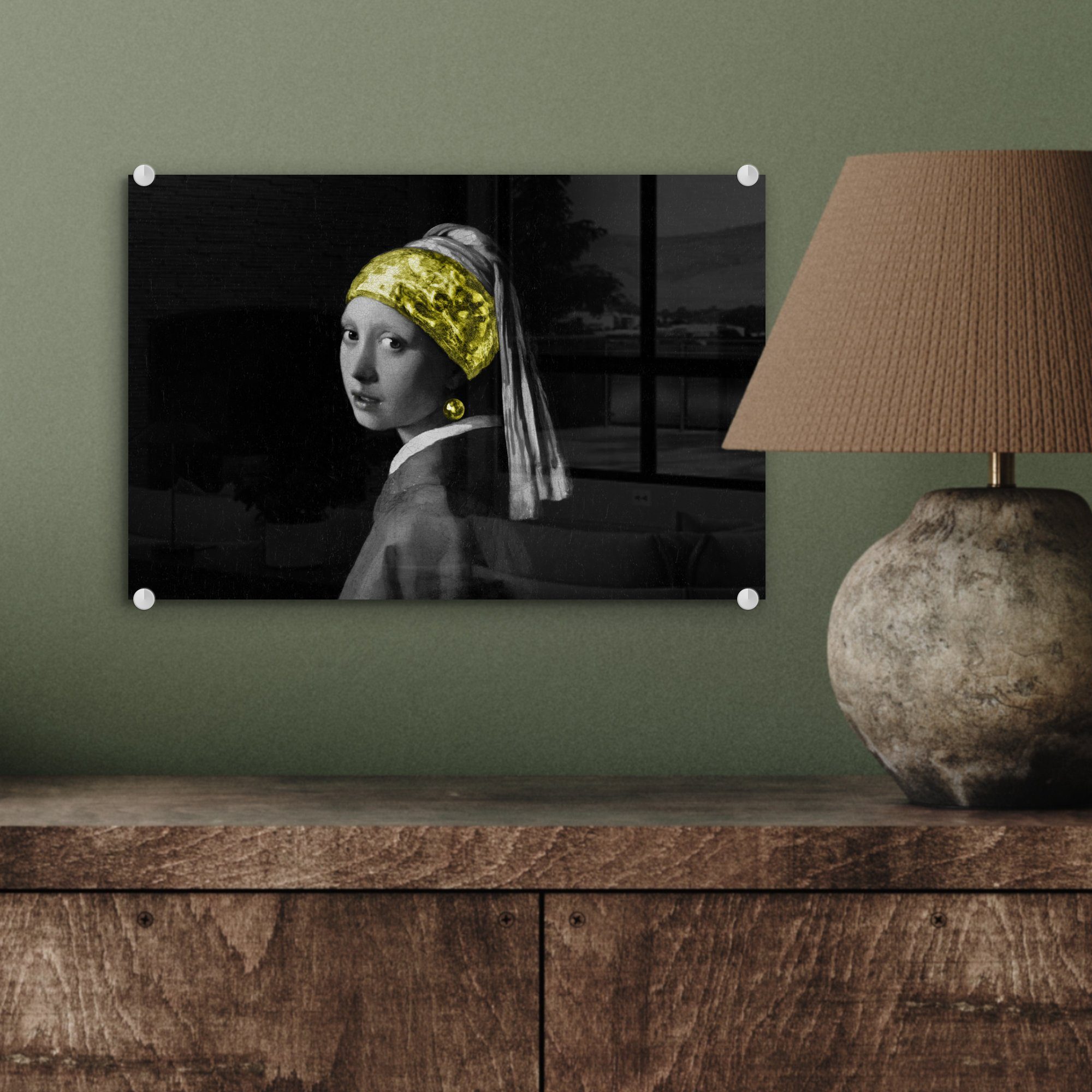 Bilder Acrylglasbild Glas Glasbilder Gold - auf Mädchen Stirnband, - (1 - auf St), Wanddekoration Glas Wandbild Foto Perlenohrring - MuchoWow mit -