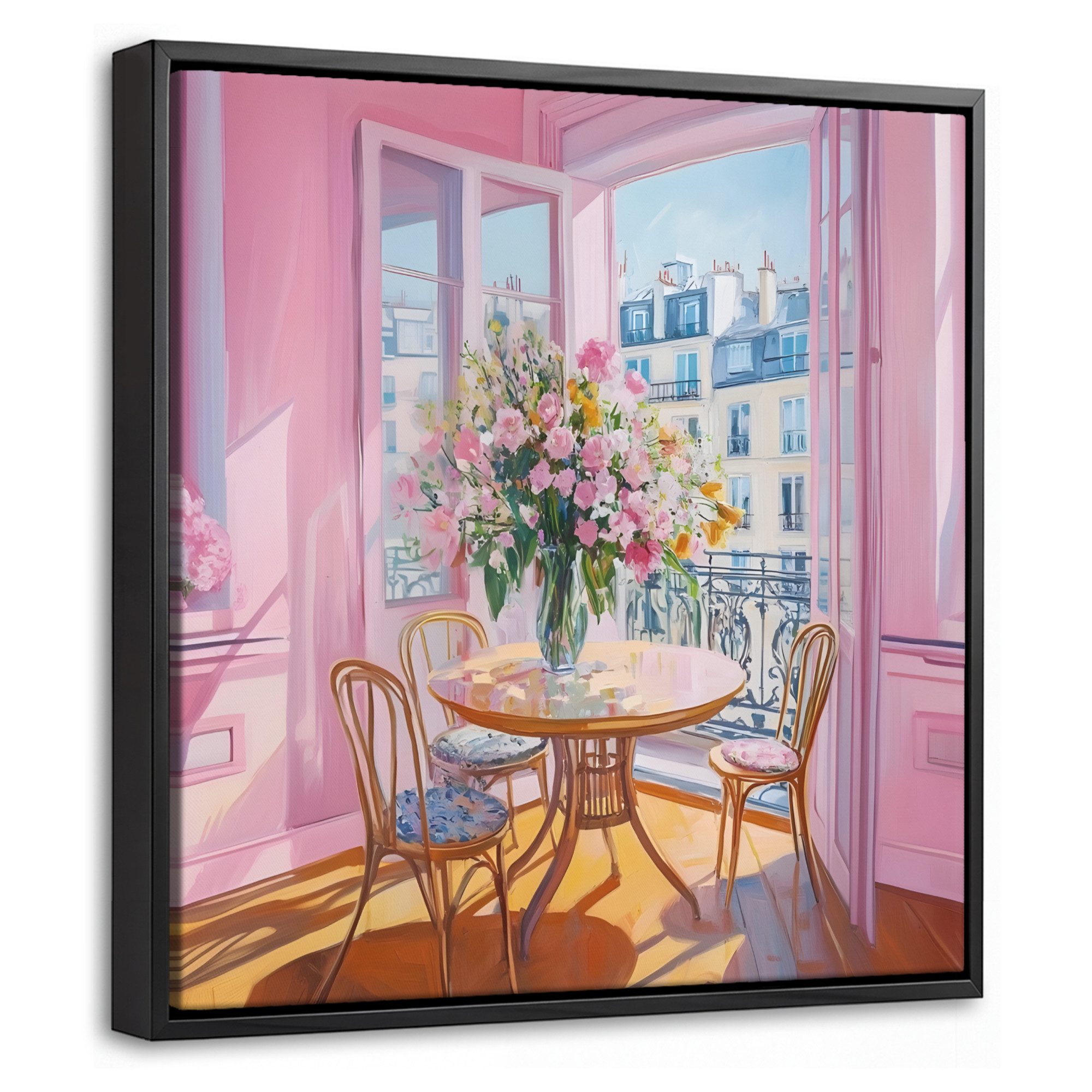 OneMillionCanvasses® Leinwandbild mit Rahmen - Rosa - Stadt - Blumen, Fotodruck (1 St), Leinwand Bilder Klein, Wand Dekoration Aesthetic 20x20cm
