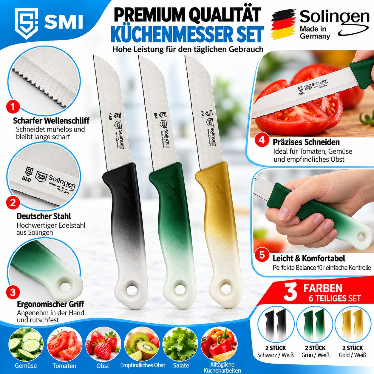 SMI Obstmesser 6-tlg Solingen Gemüsemesser Schälmesser Wellenschliff Küchenmesser – Bild 3 von 5