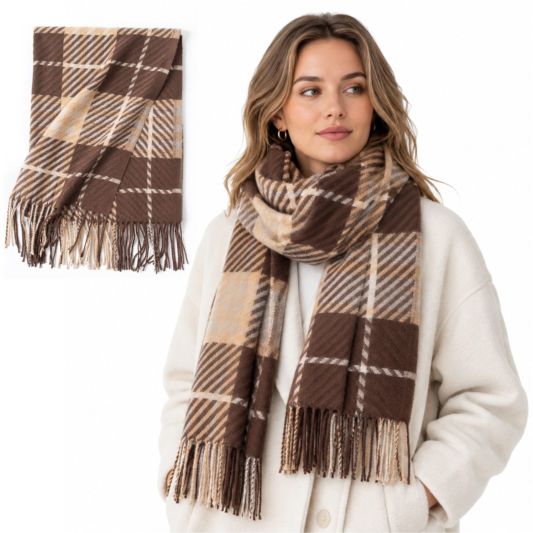 Mutig Wollschal Wollschal Damen Kariert Oversized Kaschmir 200*70cm, (Schal Lange Winterschal Weich Wraps Groß Karo Fransen Schals Warm, Damen Großer Winter-Halstuch, warmes Feinstrick-Winterschal), für Herbst Winter Herren und Damen