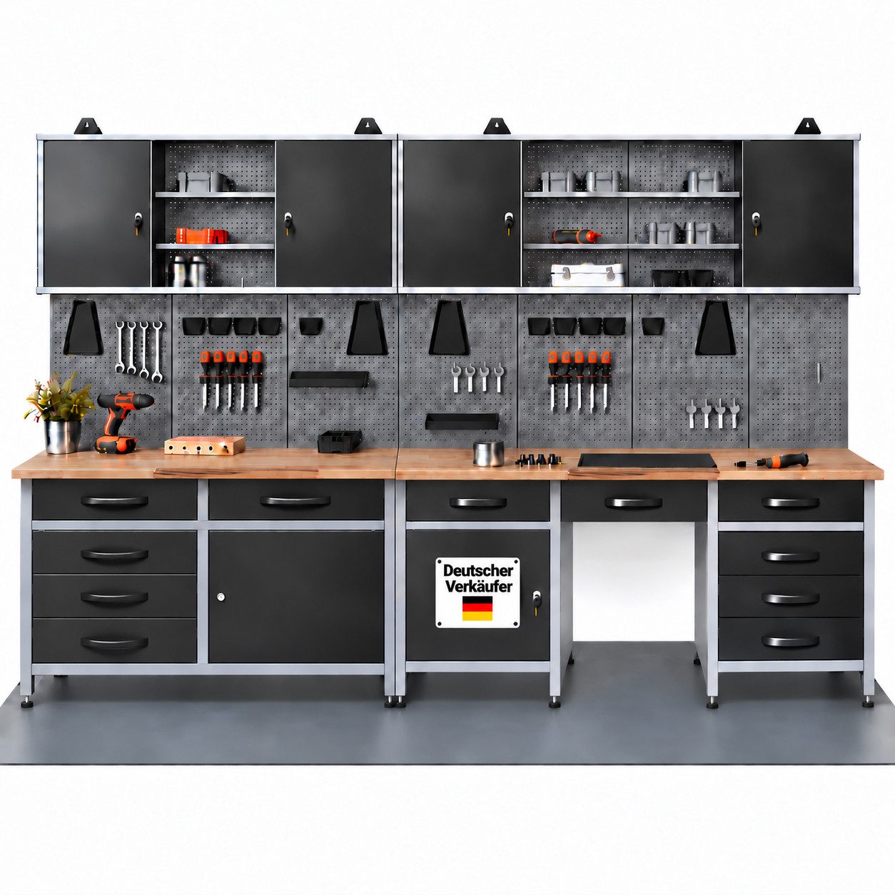 ONDIS24 Werkstatt-Set Werkstatt-Set Herkules 280 cm Werkbank 11 Schubladen Hängeschränke