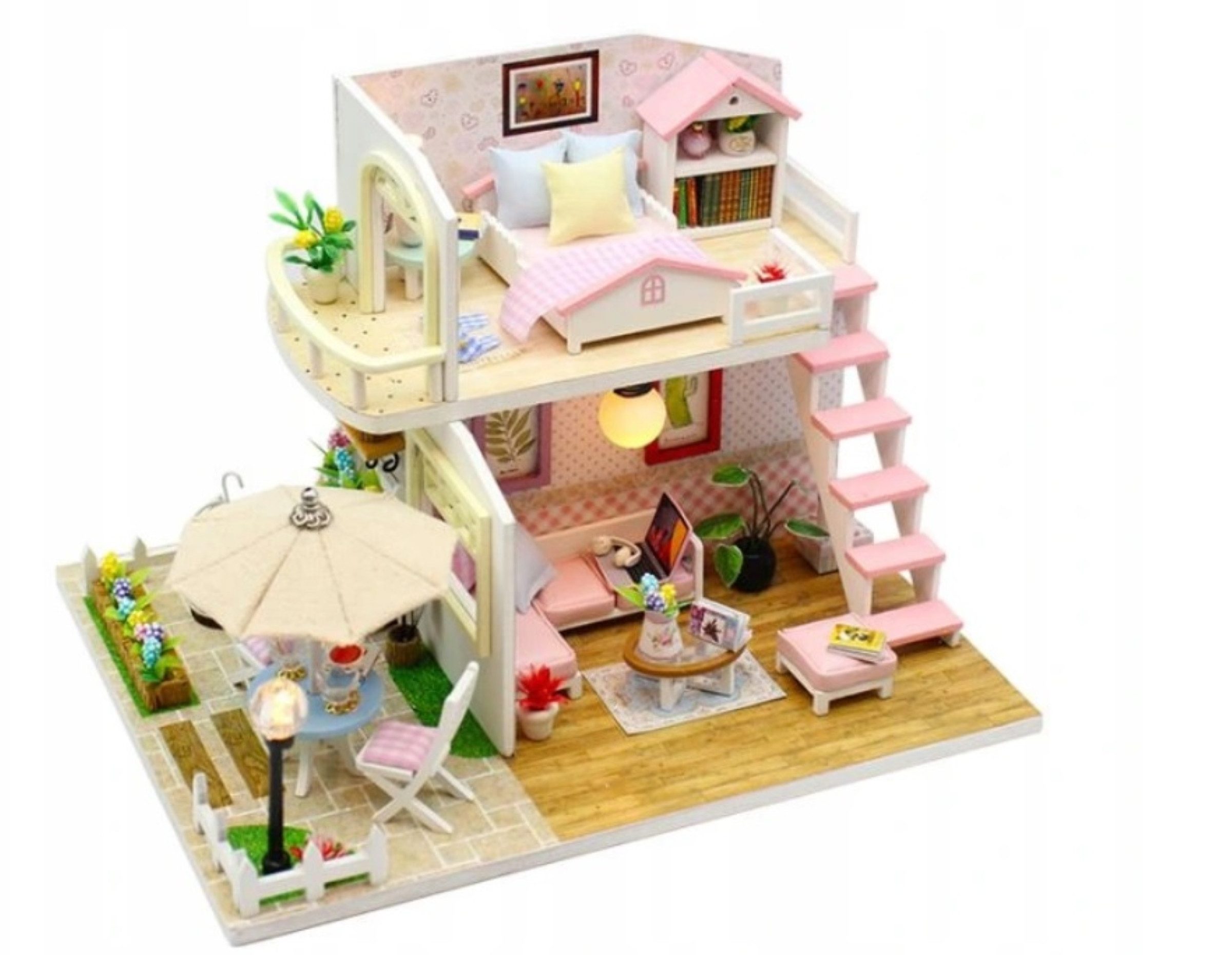 Ikonka Puppenhaus DIY Puppenhaus Holz Miniatur Set mit Möbel LED Beleuchtung Selbstbau, (DIY Puppenhaus Zimmer zum Selbstaufbauen mit Möbel und Beleuchtung, Miniatur Puppenhaus Set mit Möbel LED Licht Zubehör zum Basteln), Realistische LED-Beleuchtung, hochwertige Möbel, einfache Montage