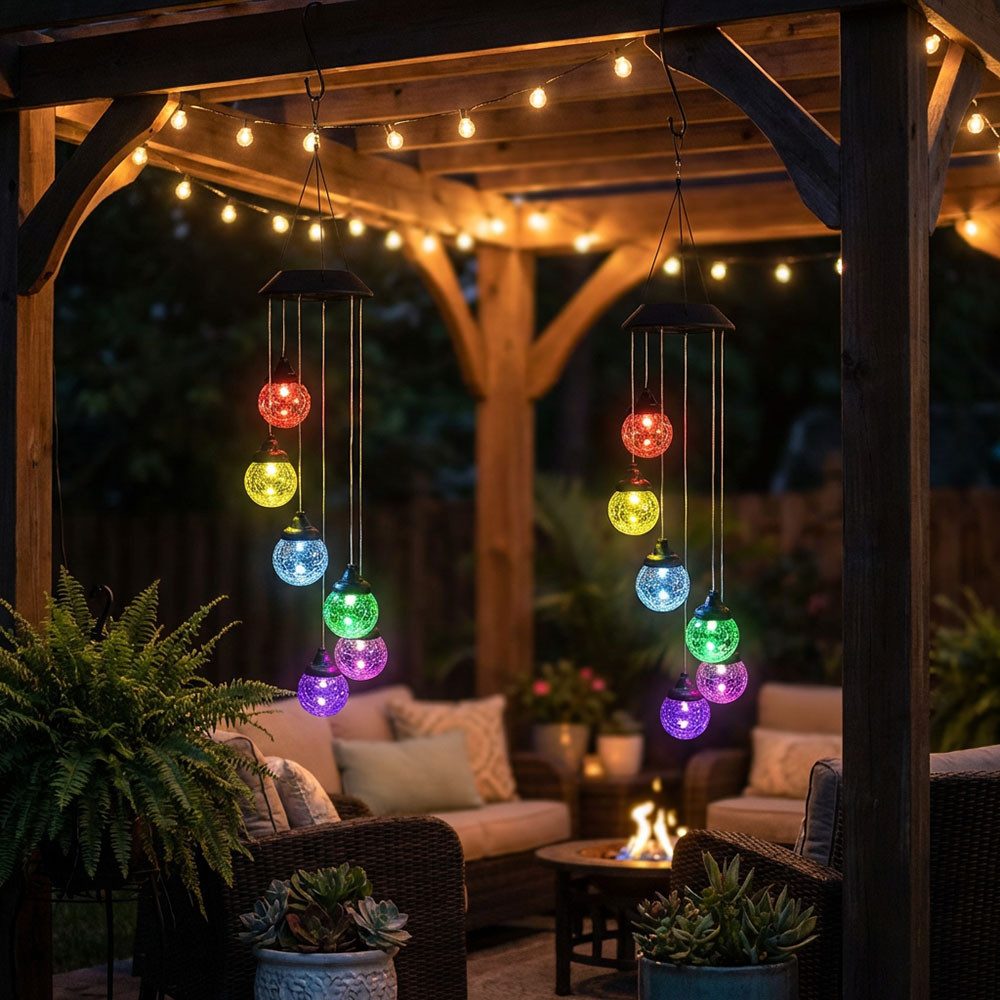 Haushalt International Außen-Deckenleuchte, LED-Leuchtmittel fest verbaut, Farbwechsel, RGB LED Solar Windspiel Hängeleuchte Außen Glas Kugel 2er Set