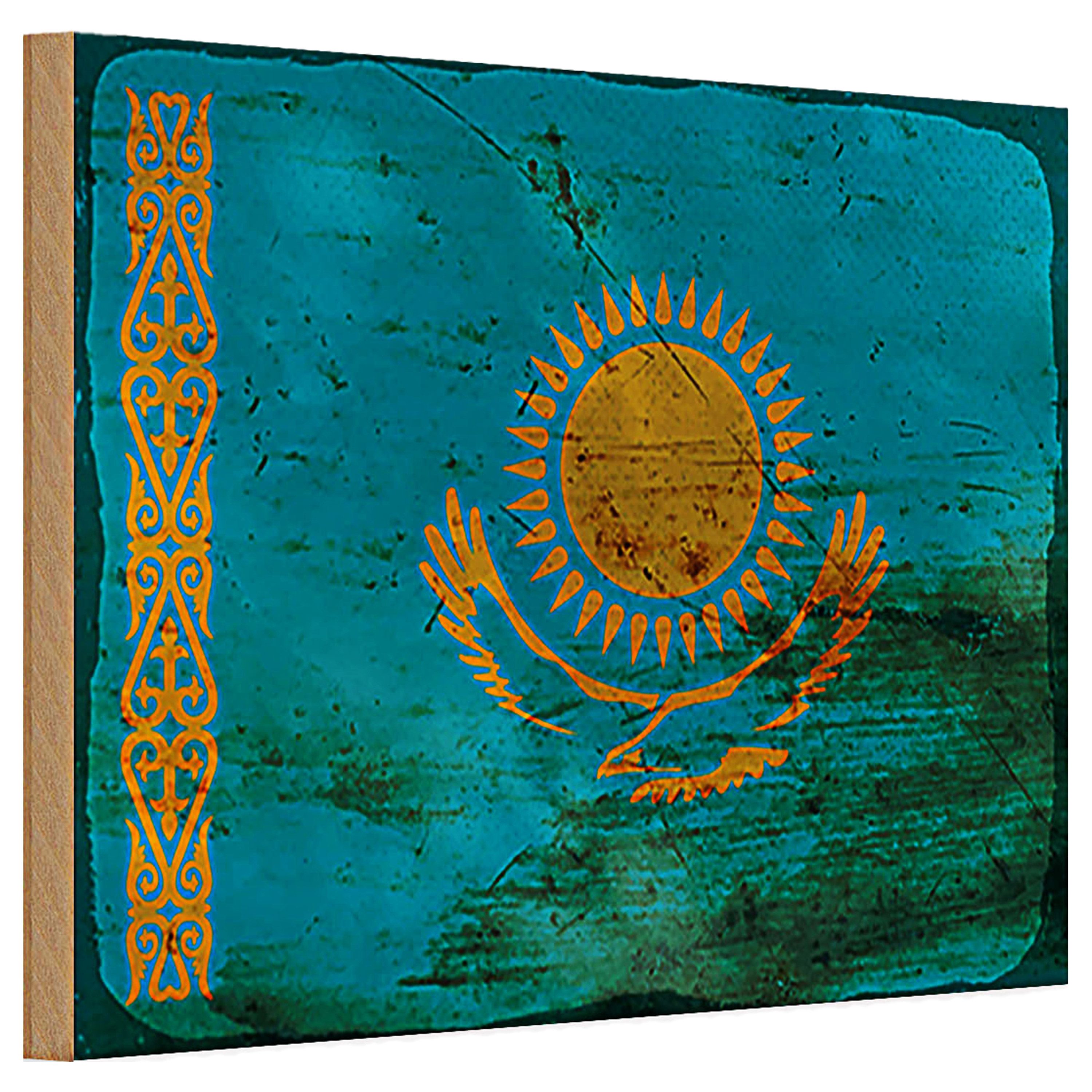 Roomando Holzbild Holzschild Flagge Kasachstan 30x20cm Kazakhstan Rost