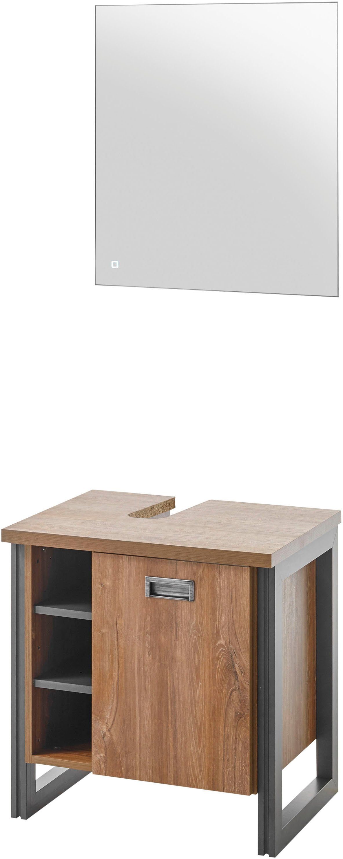 Home affaire Badmöbel-Set Detroit, Bad im Industrialdesign, inkl. LED, 2-teiliges Badezimmer, (2-St), Waschbeckenunterschrank und Spiegel, holzfarben, mit offenen Fächern