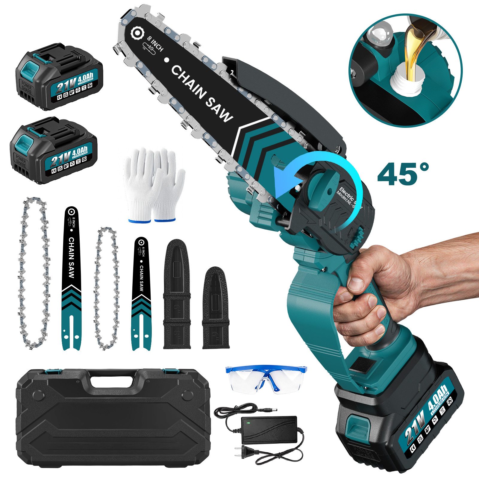 Bundviel Akku-Kettensäge Mini Akku Kettensäge 8+6" Elektro Kettensäge 1200W Handkettensäge, 20 cm Schwertlänge, mit 2×4.0Ah Akkus und Ladegerät, Bürstenloser Motor 45° Schwenkbare Einhand Kettensäge
