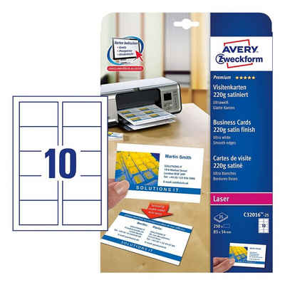 Avery Zweckform Visitenkarten C32016-25, ultraweiß satiniert, ohne Perforation, 220 g/m²