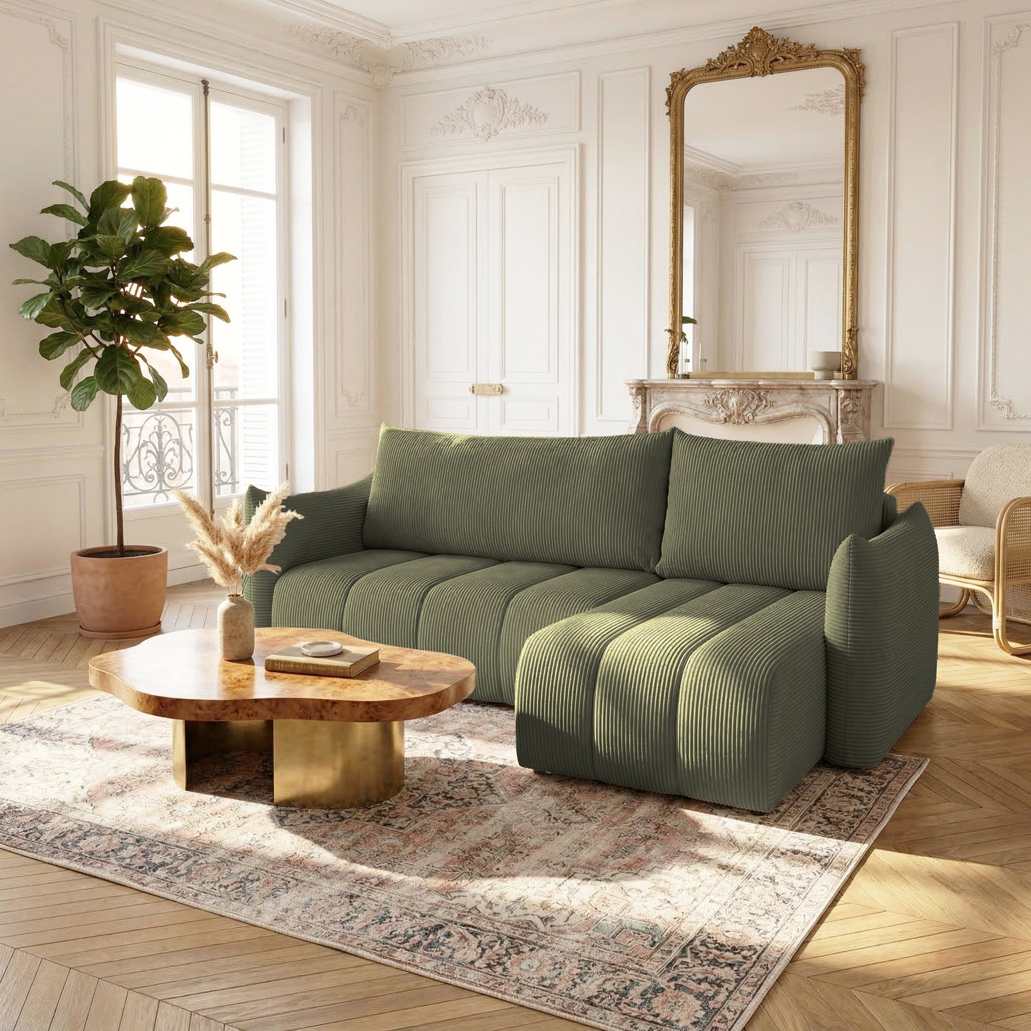 Fun Möbel Ecksofa Schlafsofa ONTARIO XS mit Ottomane in Cordstoff Poso, Rücken echt bezogen, mit Bettkasten und Liegefunktion