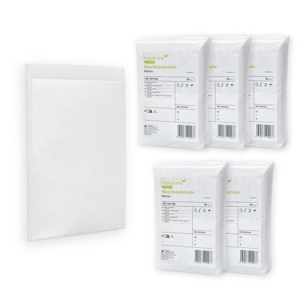 Medi-Inn Einmal-Waschhandschuh Molton, 22 x 15 cm, 50er Pack, 75 g/m², weiß (250-St. 5 x 50 = 250 Stück)