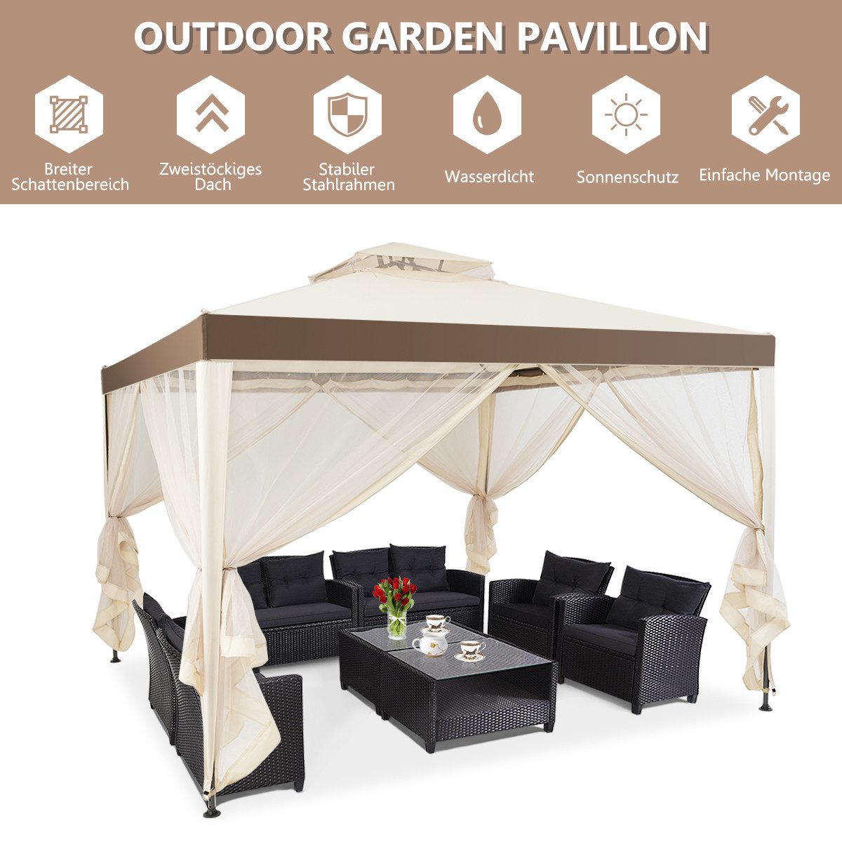 COSTWAY Pavillon UV 50+ & wasserdicht, Gartenpavillon mit Doppeldach, 3x3m