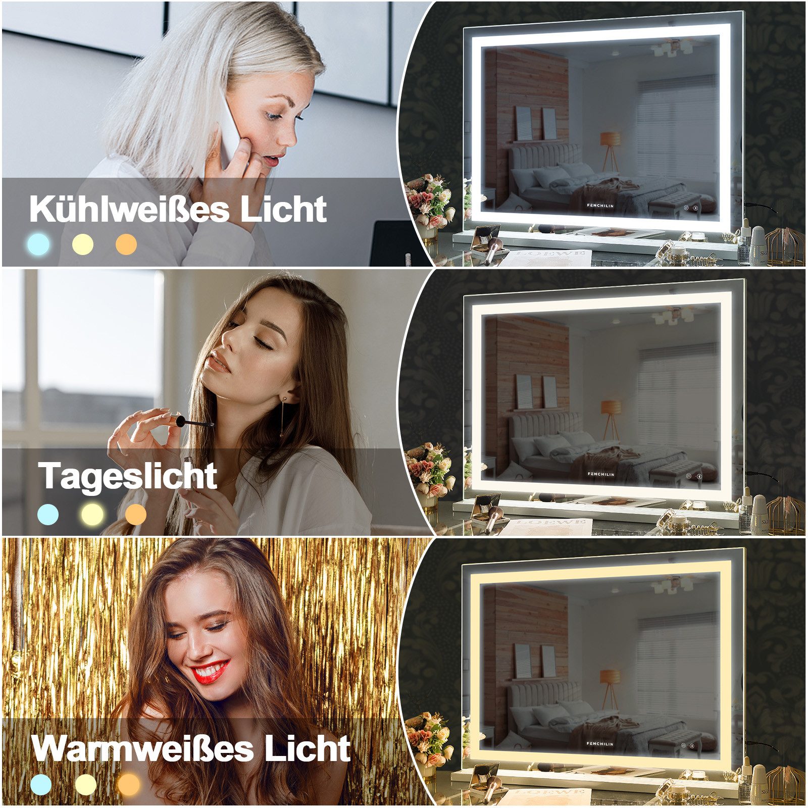 FENCHILIN Schminkspiegel mit LED Lichtleiste gestreute Diamanten weiß 80/58 cm – Bild 5 von 5