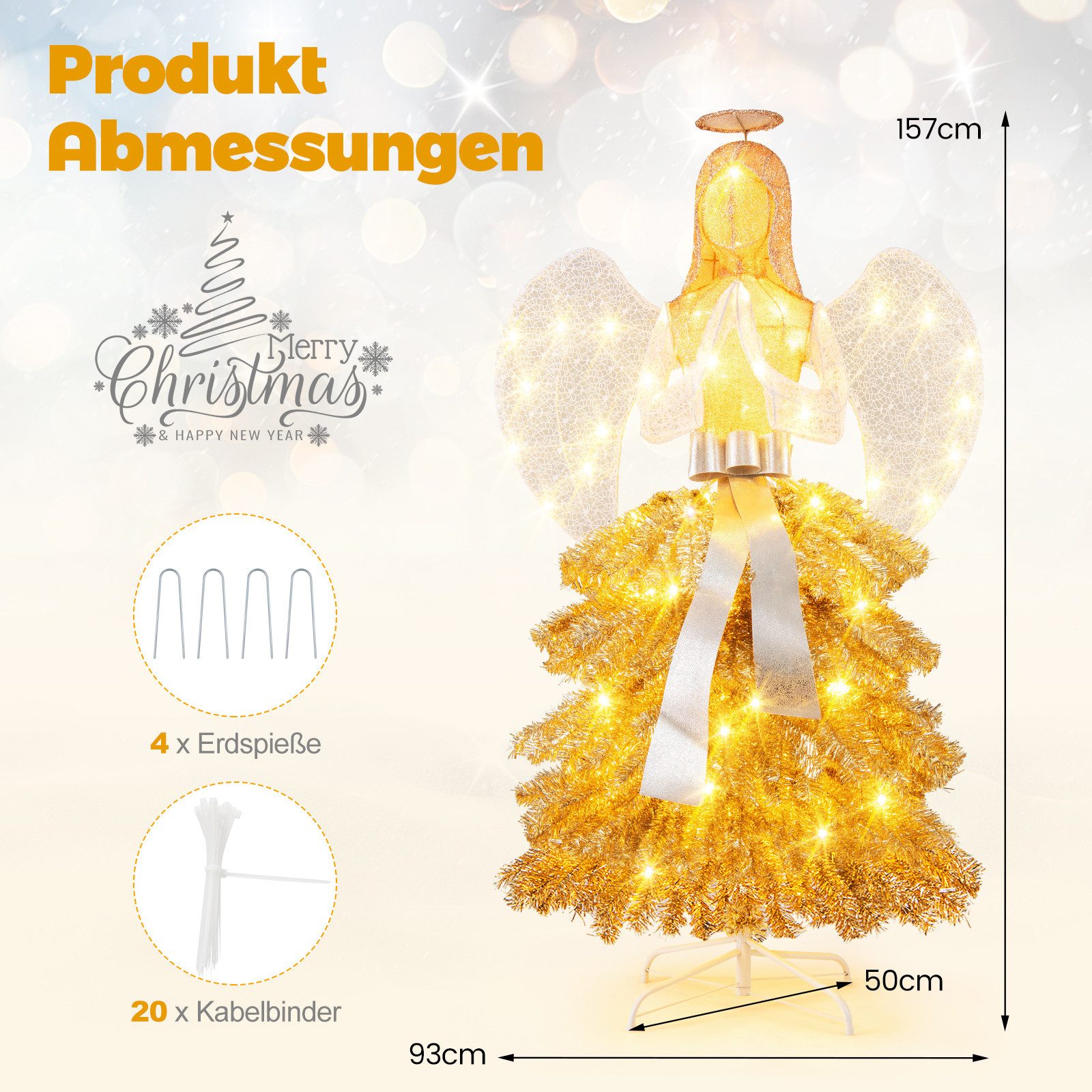 COSTWAY Weihnachtsfigur, Weihnachtsbaum mit Engelsfigur, LED, 157cm hoch