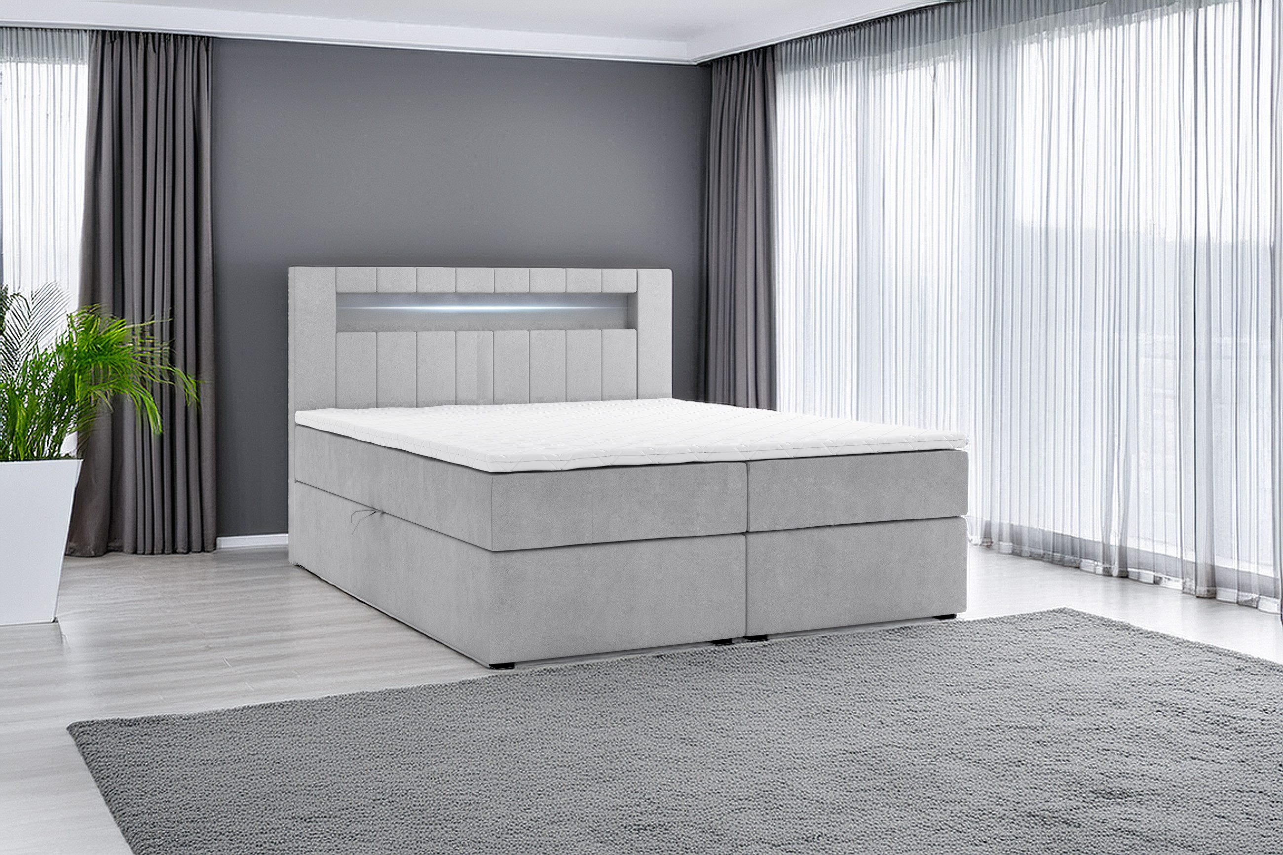 M-Punkt24 Boxspringbett Kuba (180 x 200 cm, Grau, LED Beleuchtung, VISCO Schaum Topper), inkl. Bettkasten und Topper