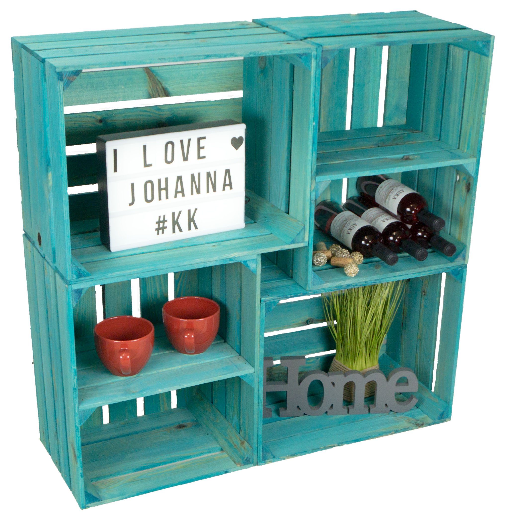 Kistenkolli Altes Land Allzweckkiste 4er set Obstkisten "Johanna" Türkis mix mit quer türkis (Spar-Set, 4er Set)